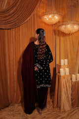 Hand embroidered velvet kurta set with dupatta