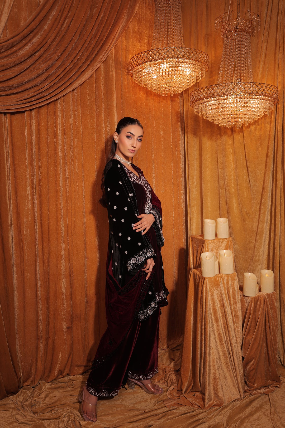 Hand embroidered velvet kurta set with dupatta