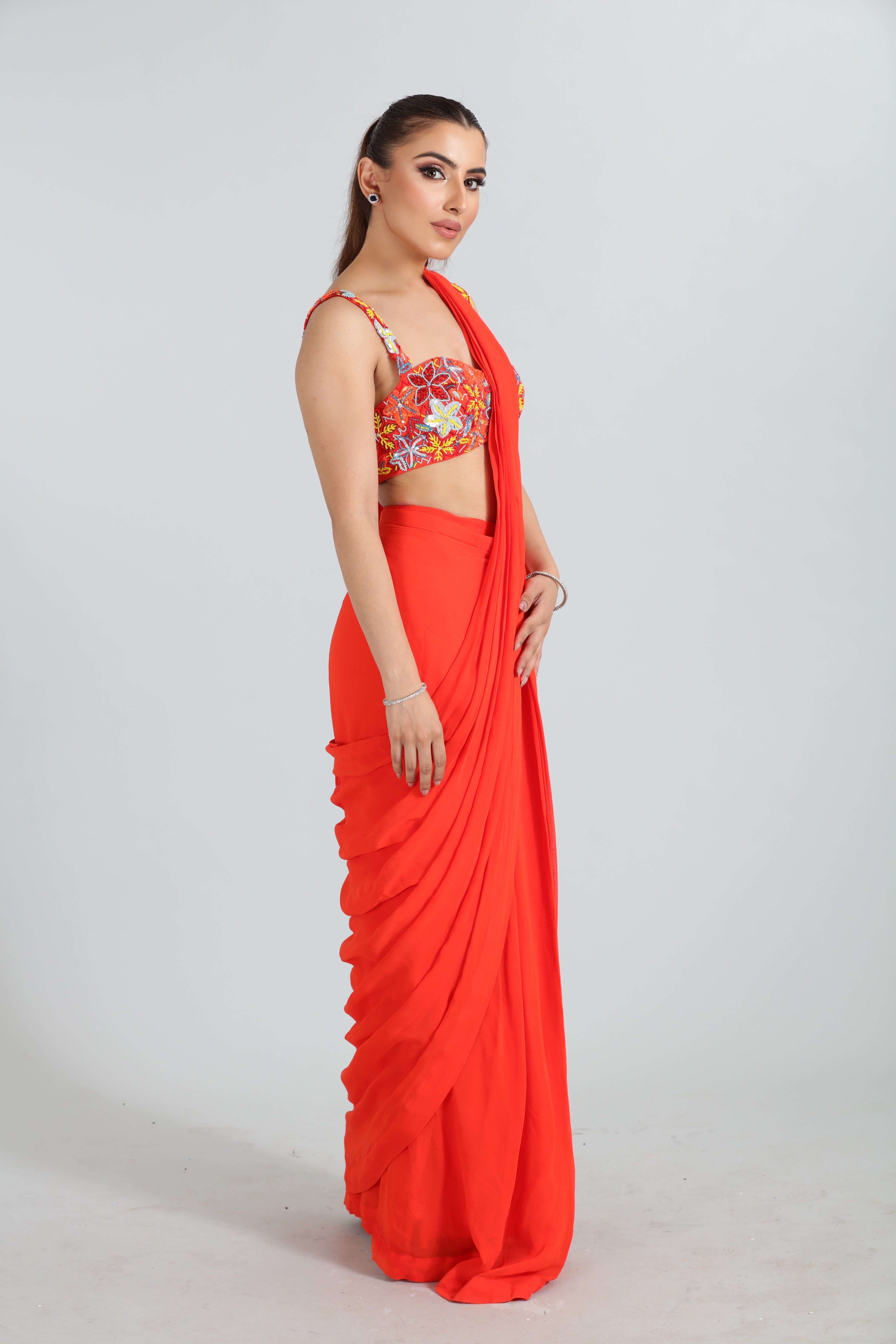 Orange Draped Saree with Embroidered Blouse