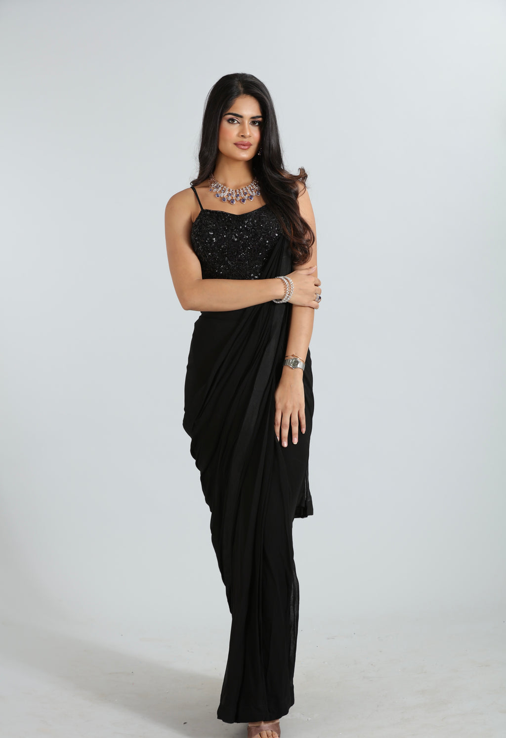 Black Draped Saree with Embroidered Corset