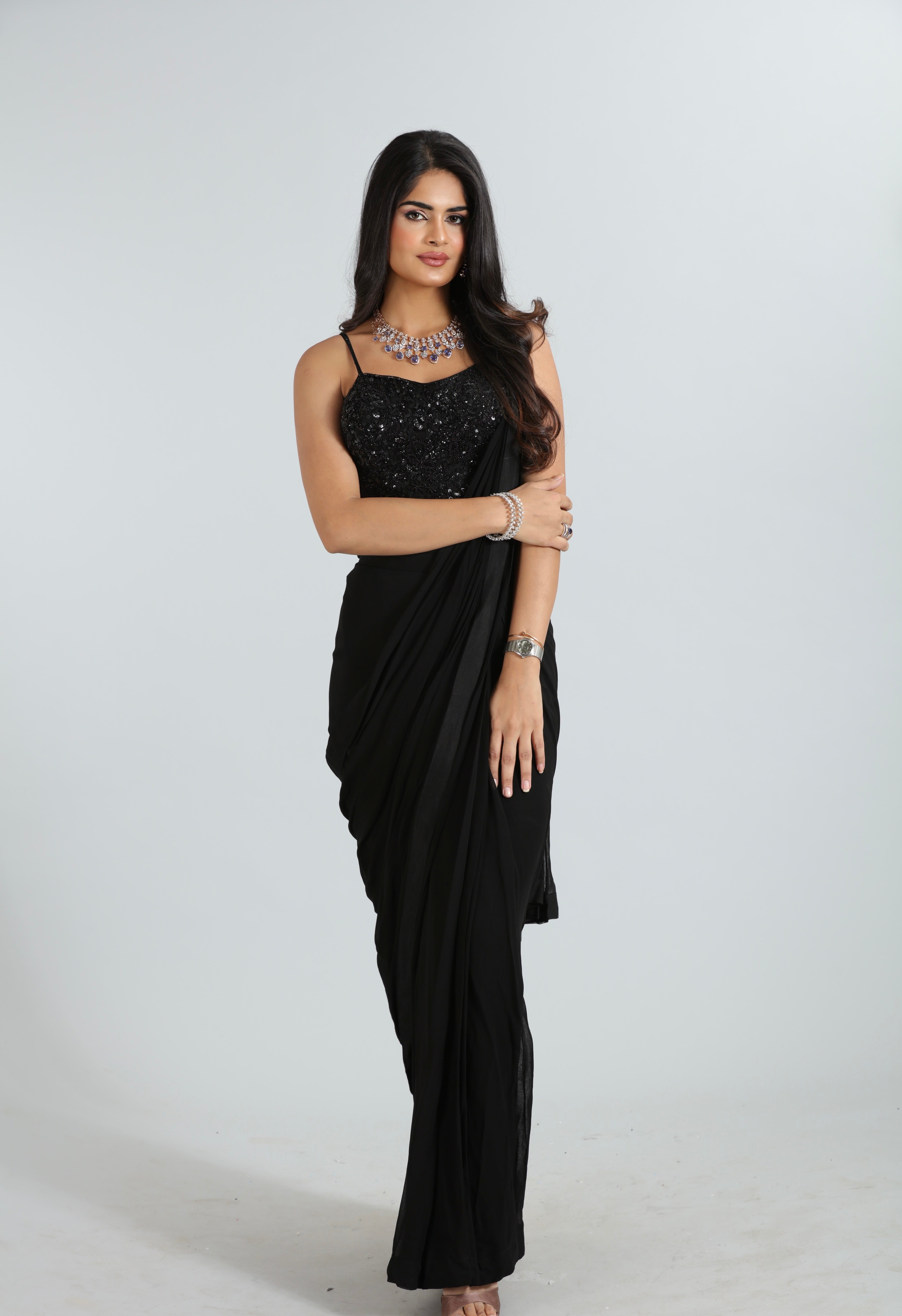 Black Draped Saree with Embroidered Corset
