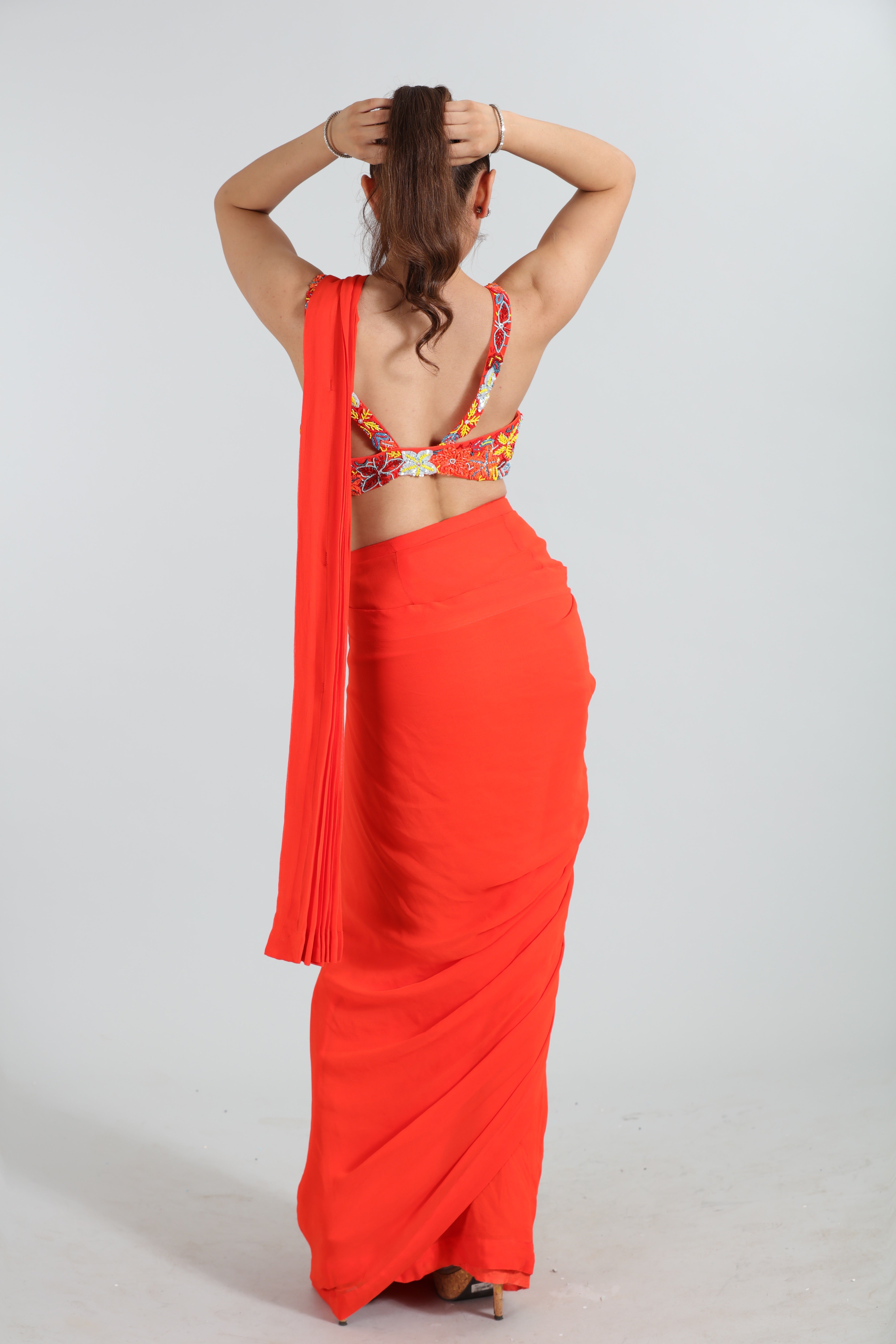 Orange Draped Saree with Embroidered Blouse