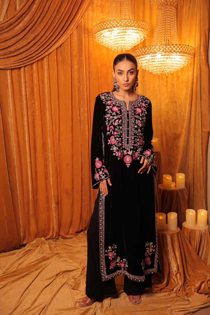 Hand embroidered long velvet kurta set