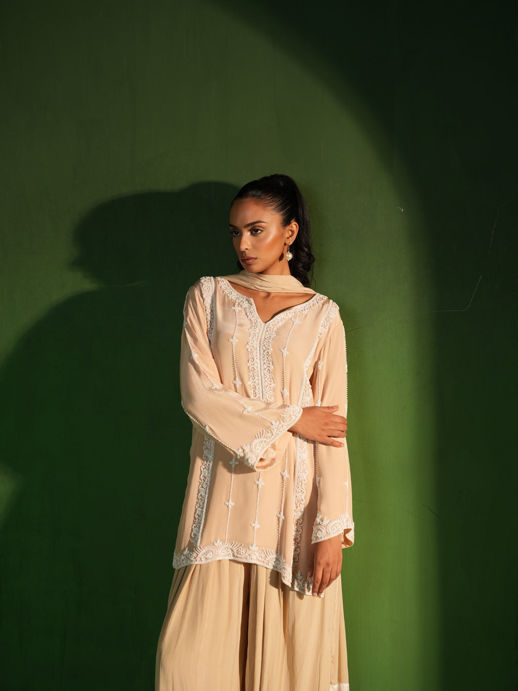 Beige Hand Embroidered Tunic and Balloon Pants Set