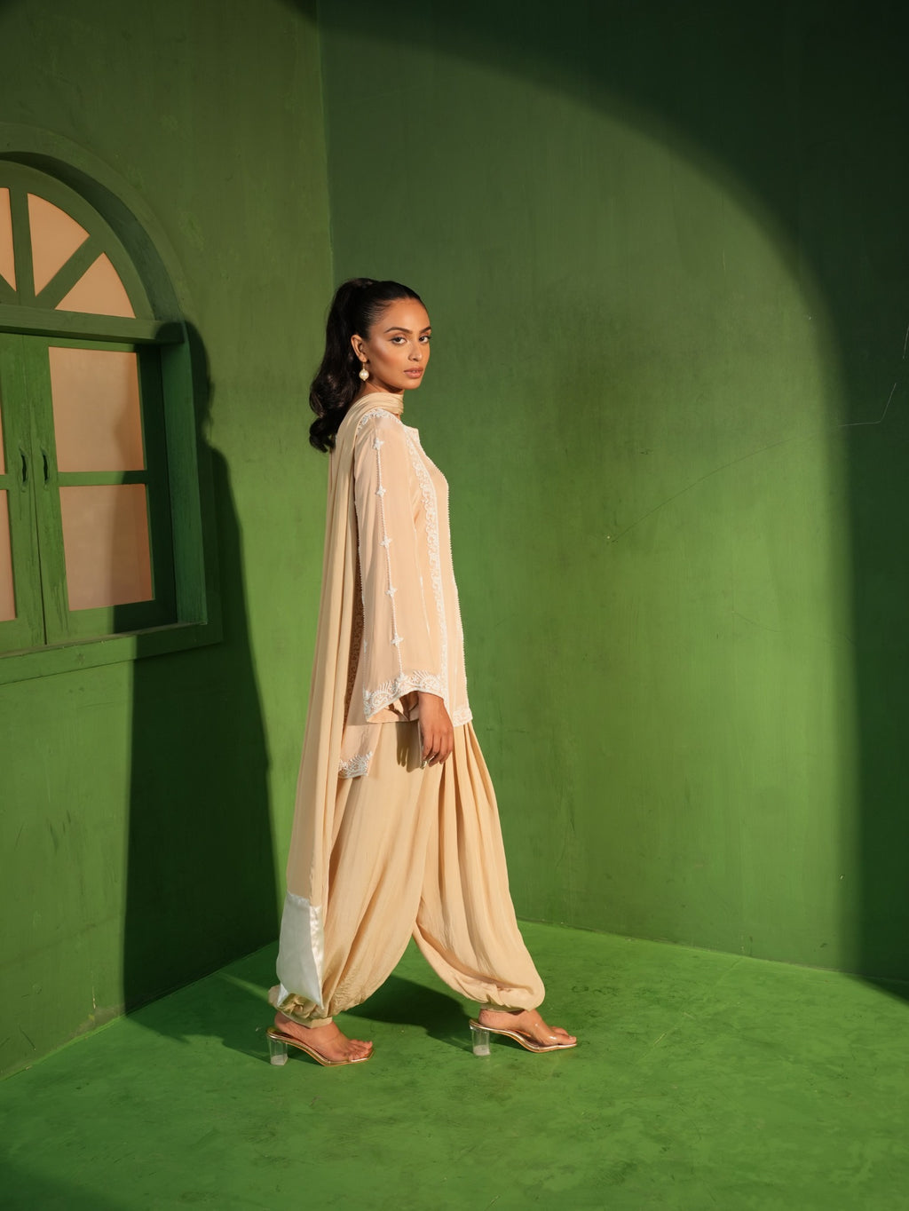 Beige Hand Embroidered Tunic and Balloon Pants Set - Side View