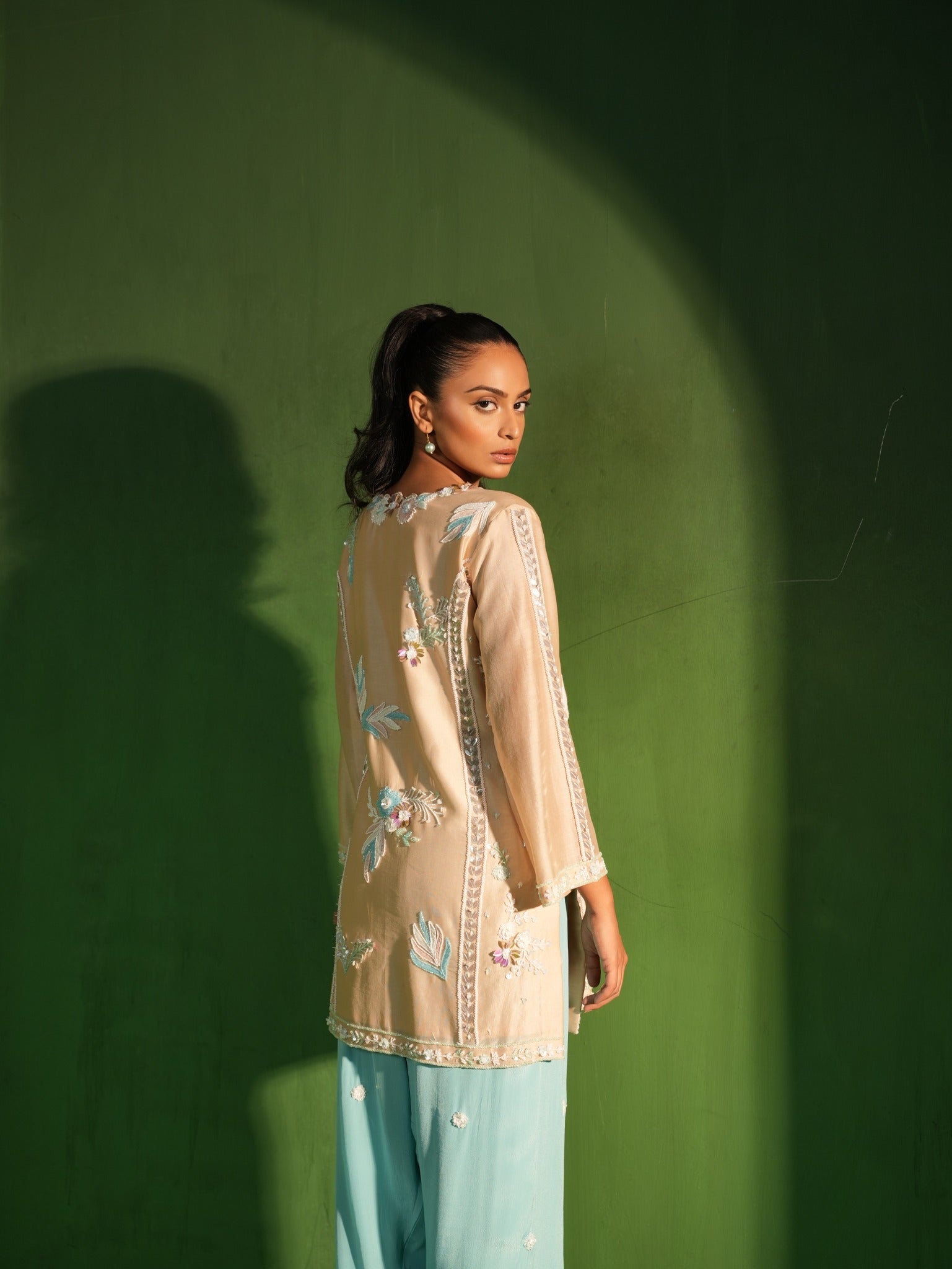 Beige and Powder Blue Hand Embroidered Salwar Set - view 3