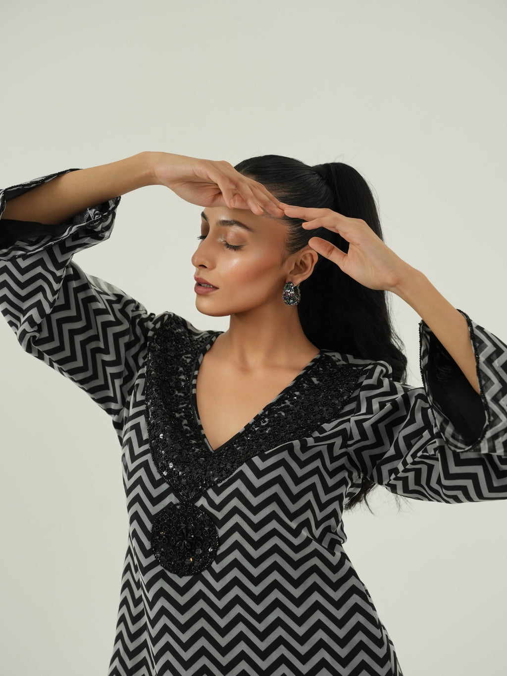 Black and White Chevron kurta hand embroidery detail