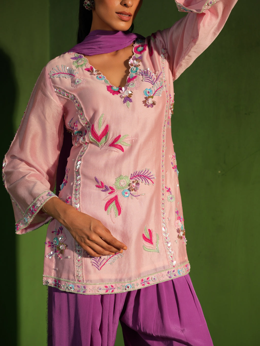 Blush Pink and Purple Hand Embroidered Salwar Set