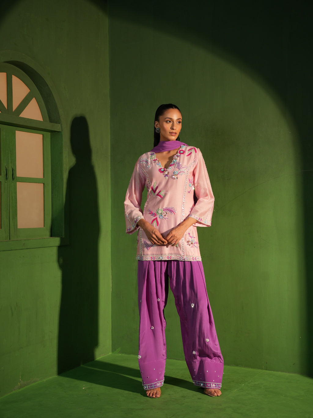 Blush Pink and Purple Hand Embroidered Salwar Set - view 3