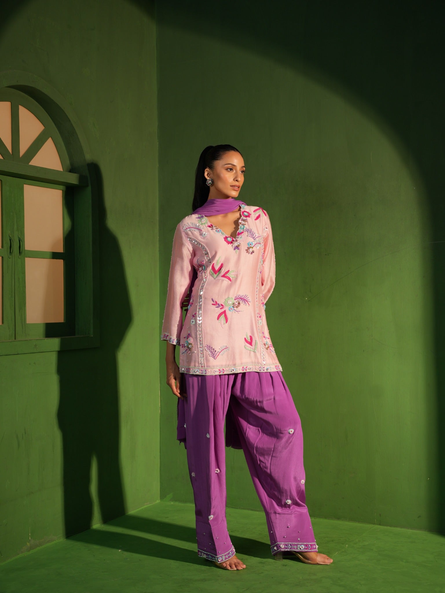Blush Pink and Purple Hand Embroidered Salwar Set - view 4