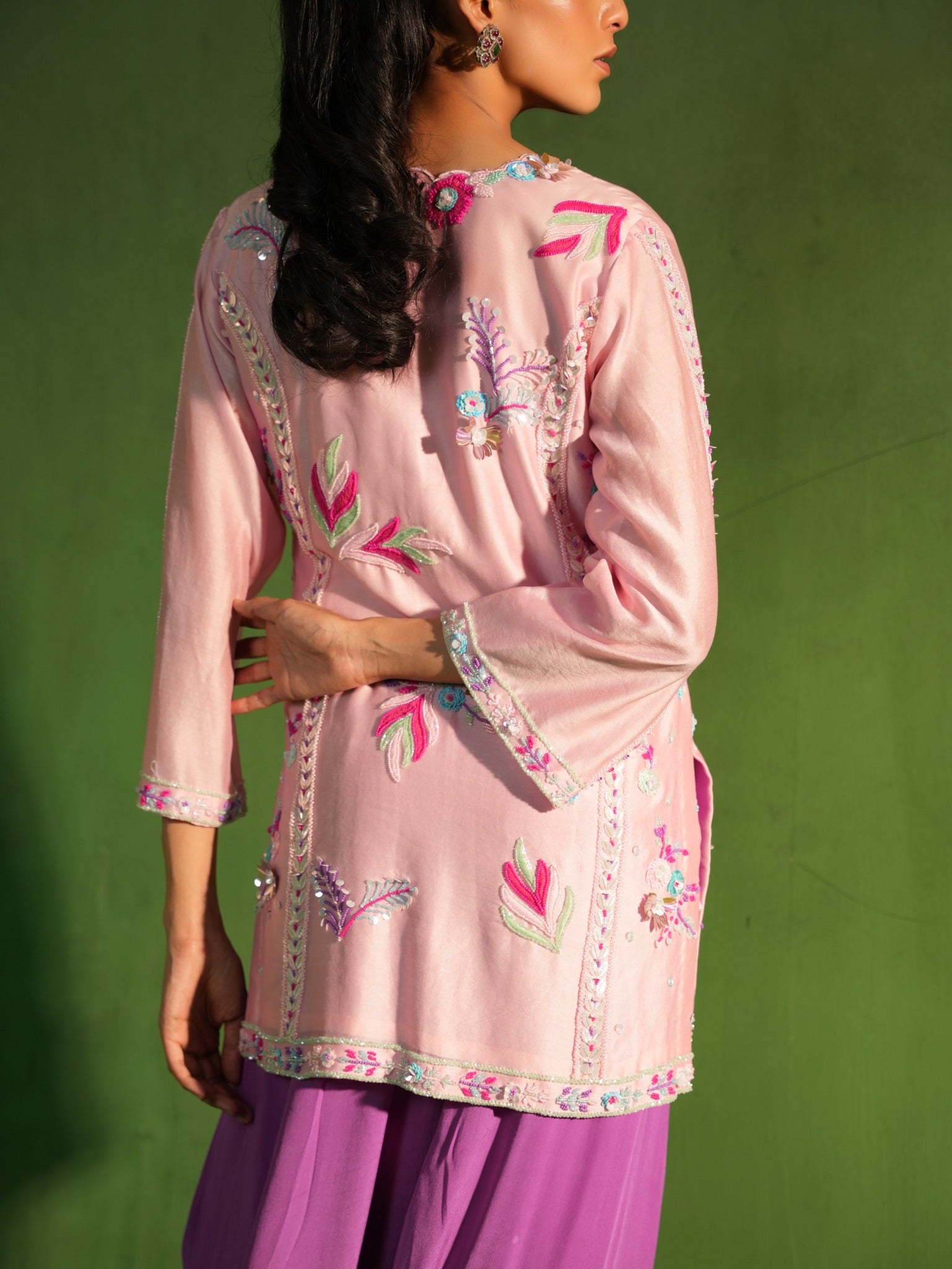 Blush Pink and Purple Hand Embroidered Salwar Set - view 6