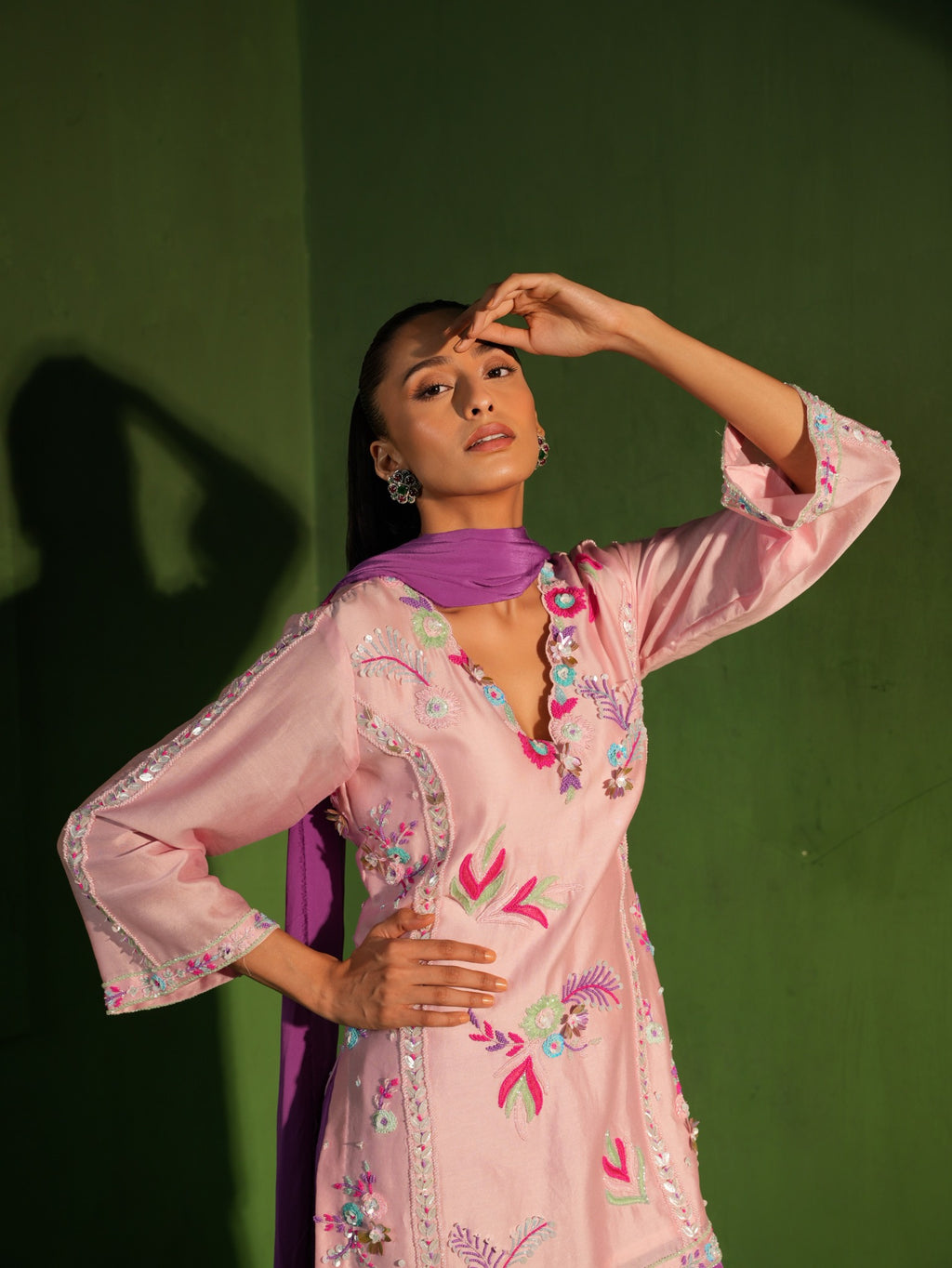 Blush Pink and Purple Hand Embroidered Salwar Set - view 7