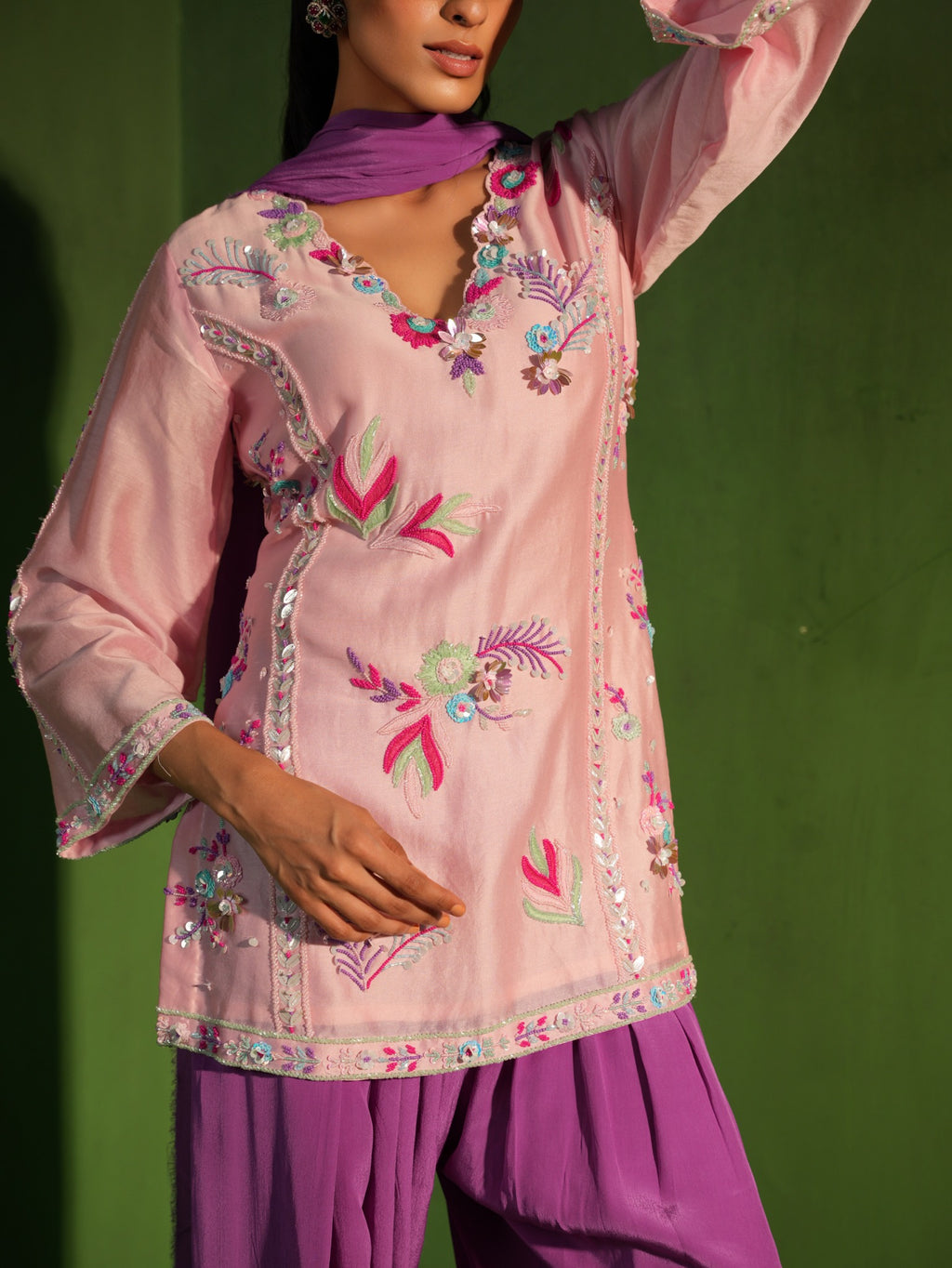 Blush Pink and Purple Hand Embroidered Salwar Set - view 8
