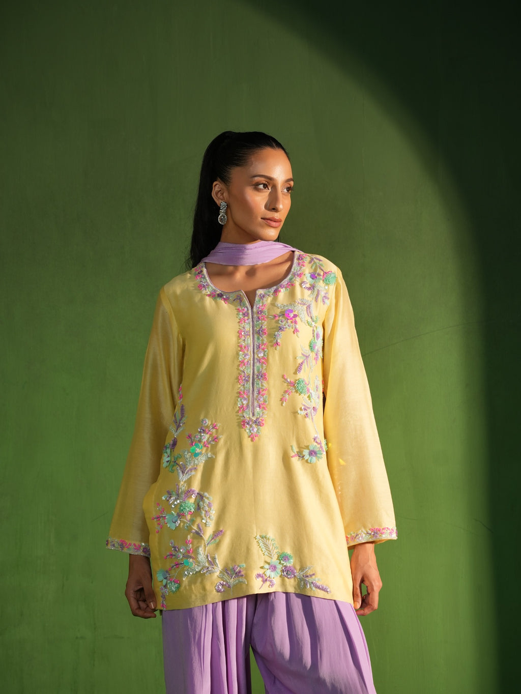 Butter Yellow and Lavender Hand Embroidered Salwar Set