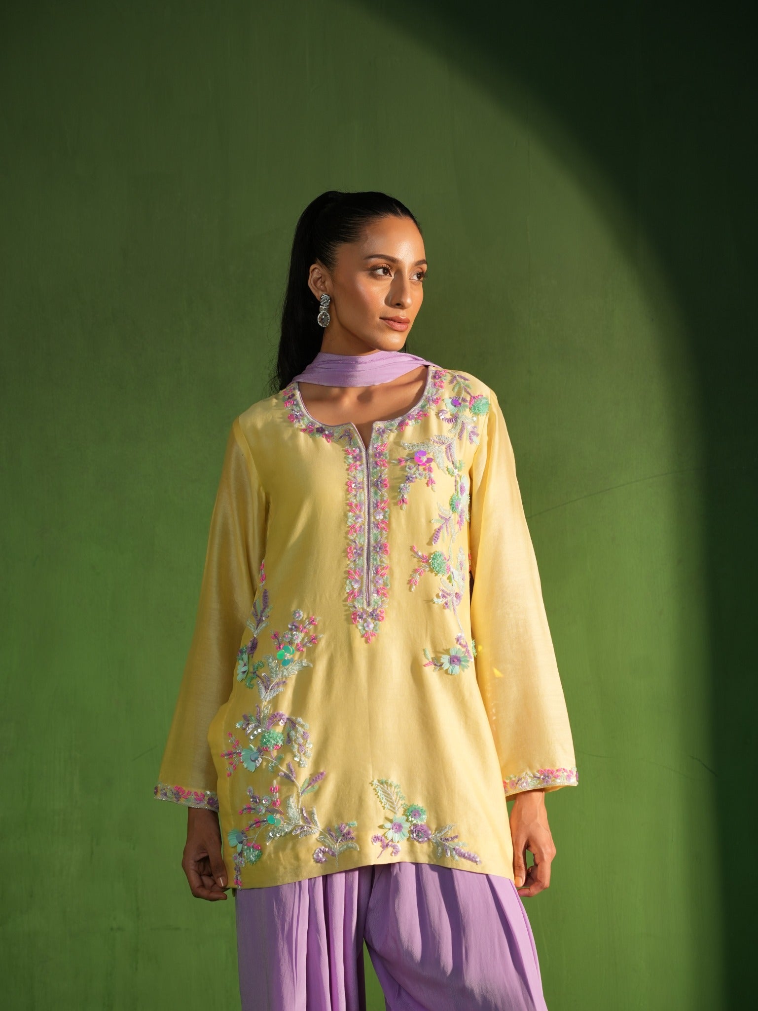 Butter Yellow and Lavender Hand Embroidered Salwar Set