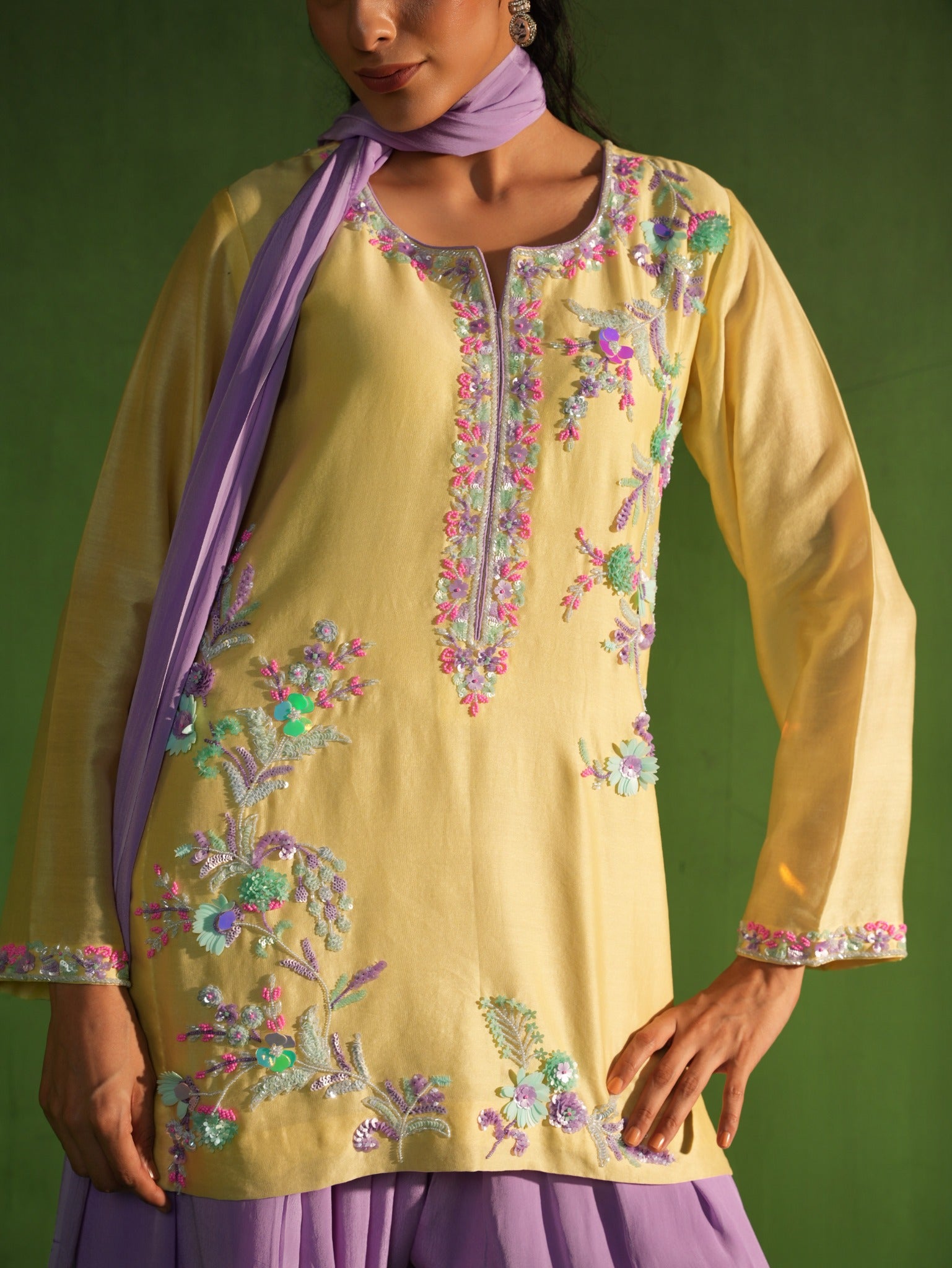 Butter Yellow and Lavender Hand Embroidered Salwar Set - Detail
