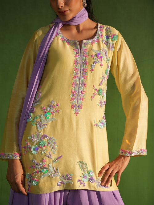 Butter Yellow and Lavender Hand Embroidered Salwar Set - Detail