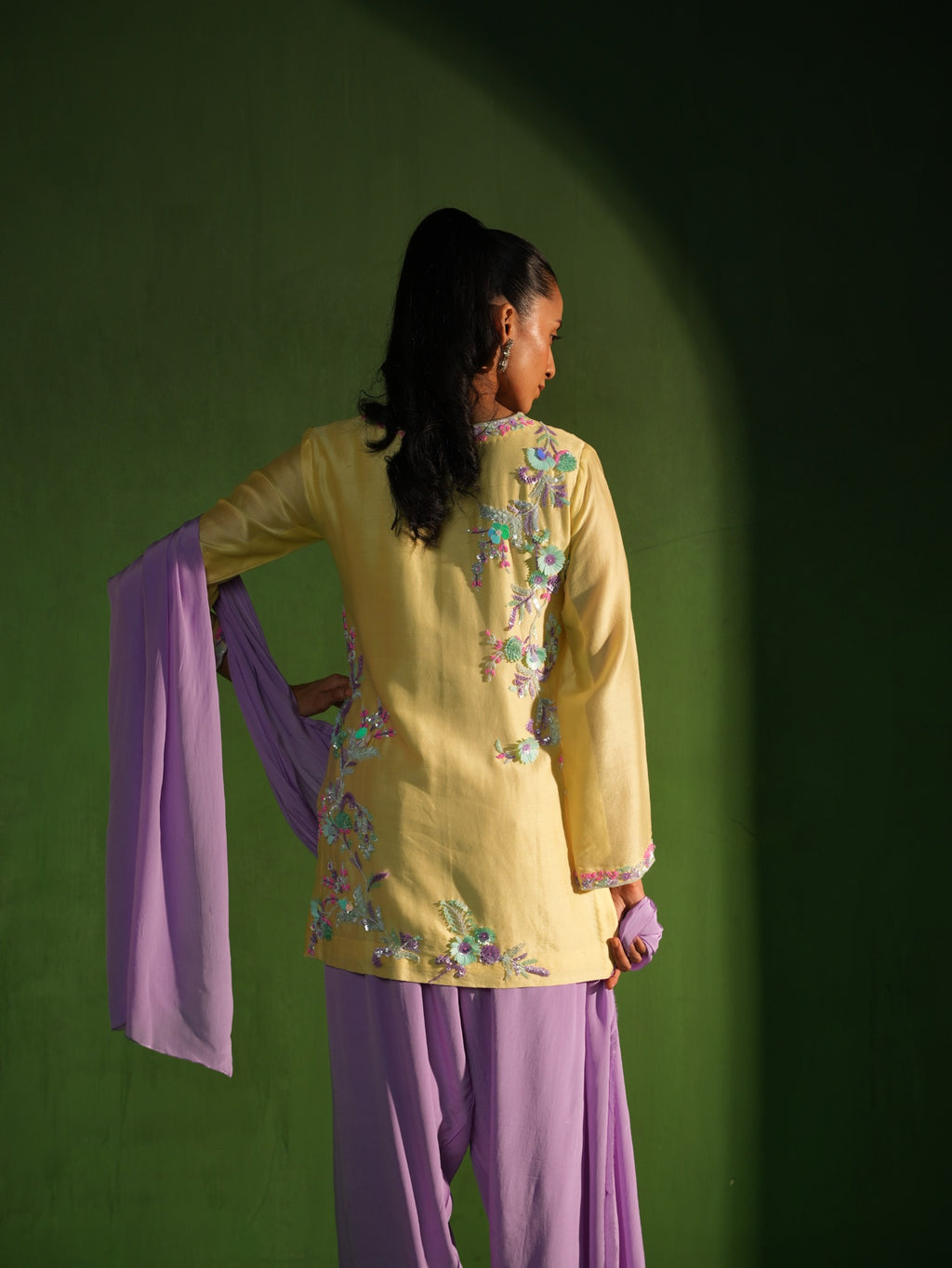 Butter Yellow and Lavender Hand Embroidered Salwar Set - Back View