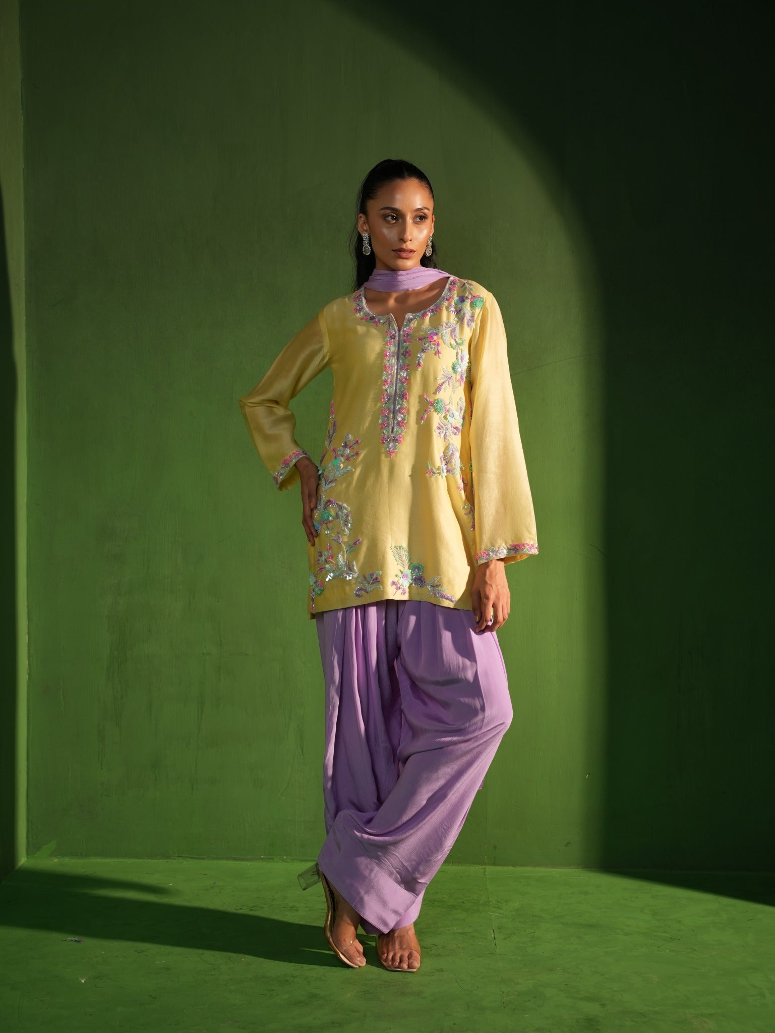 Butter Yellow and Lavender Hand Embroidered Salwar Set - Full View