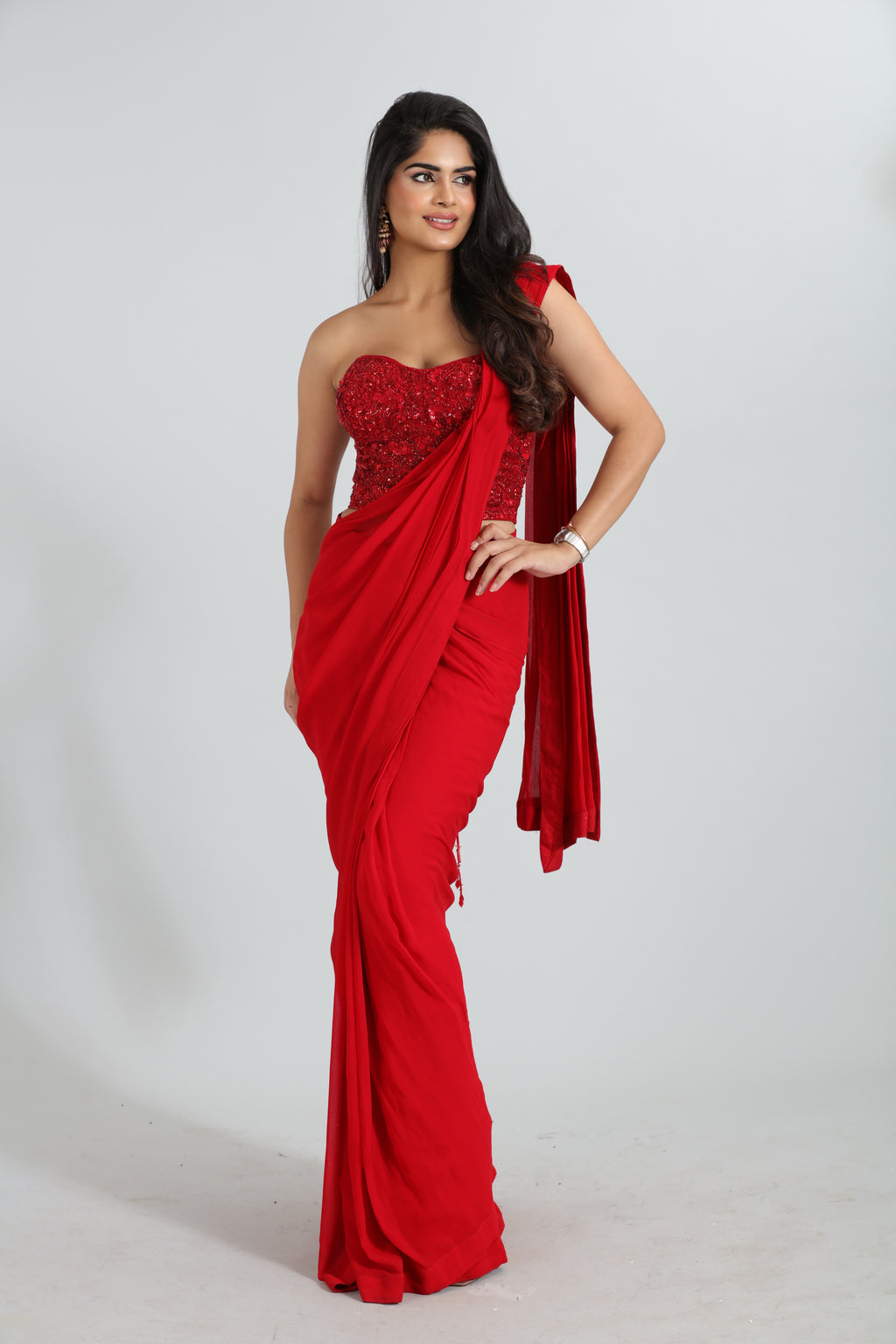 Red Draped Saree with Embroidered Corset