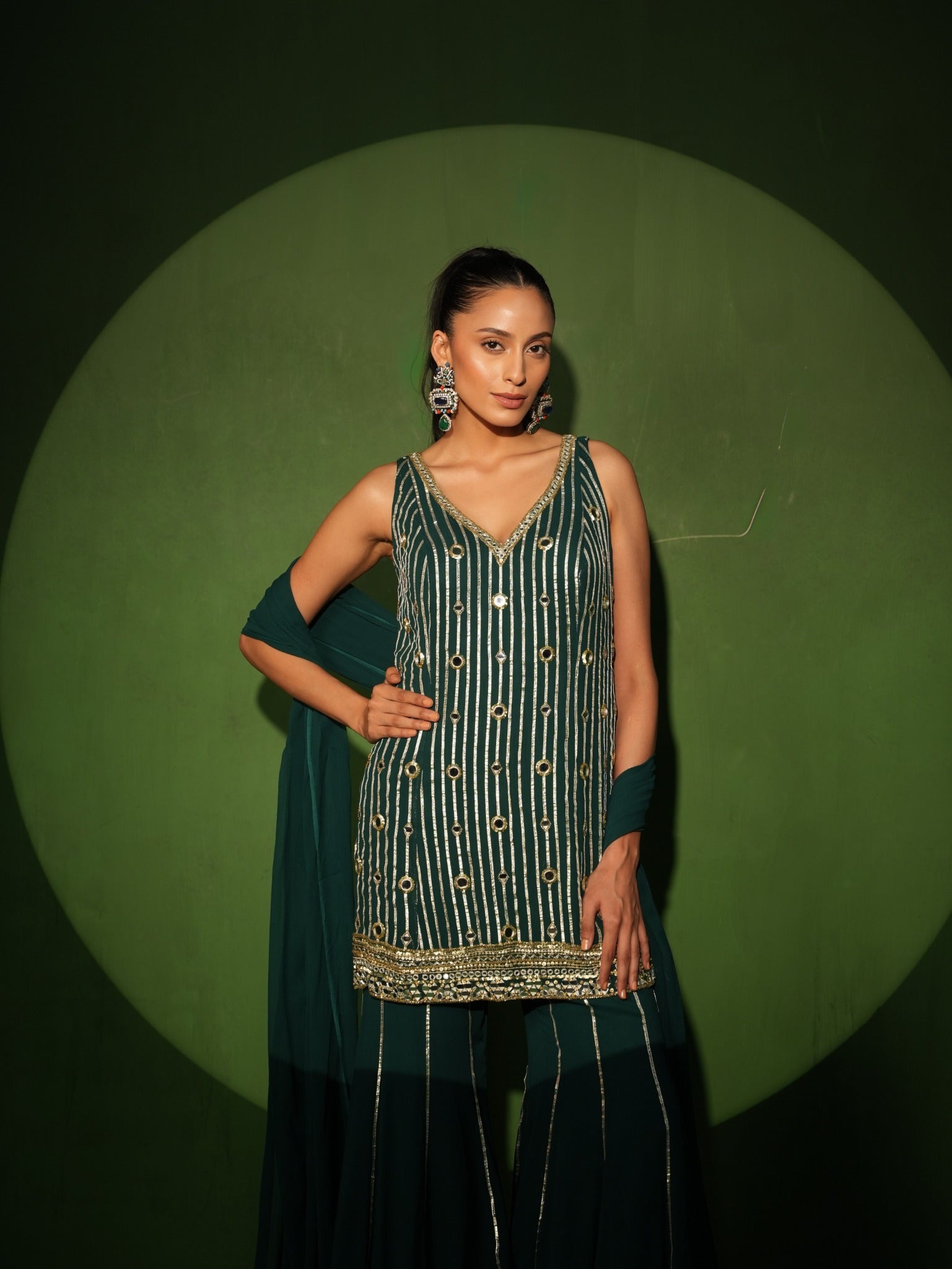 Emerald green sharara tunic with gota patti and mirror work