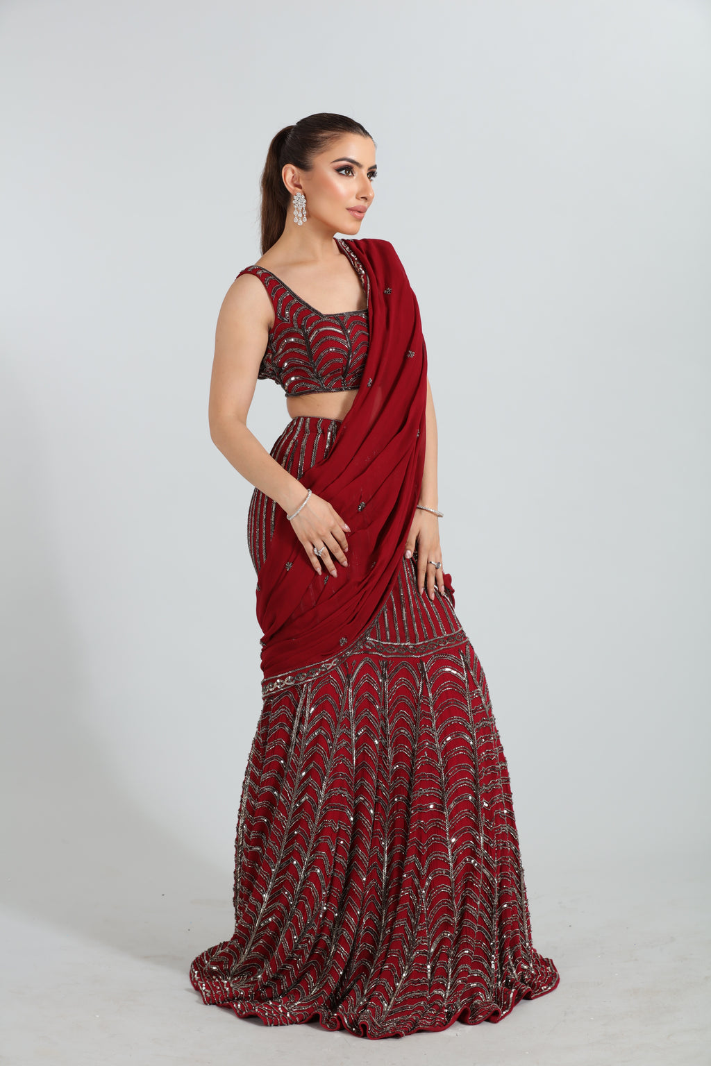 Wine Red Embroidered Lehenga Saree Set