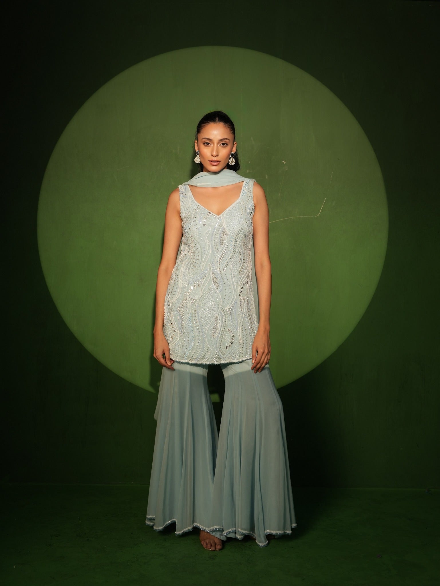 Ice Blue Georgette Hand Embroidered Sharara Set