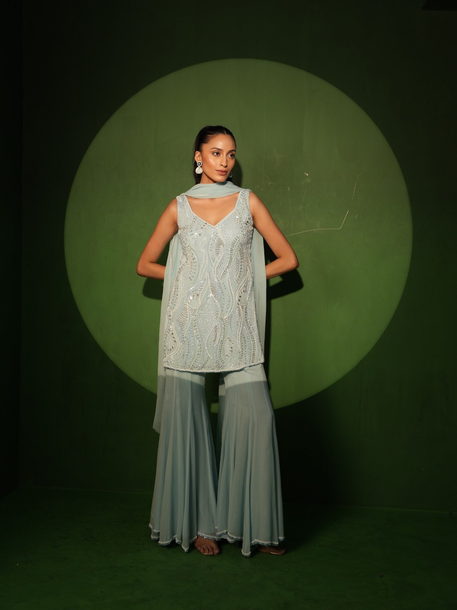 Ice Blue Georgette Hand Embroidered Sharara Set - Front View