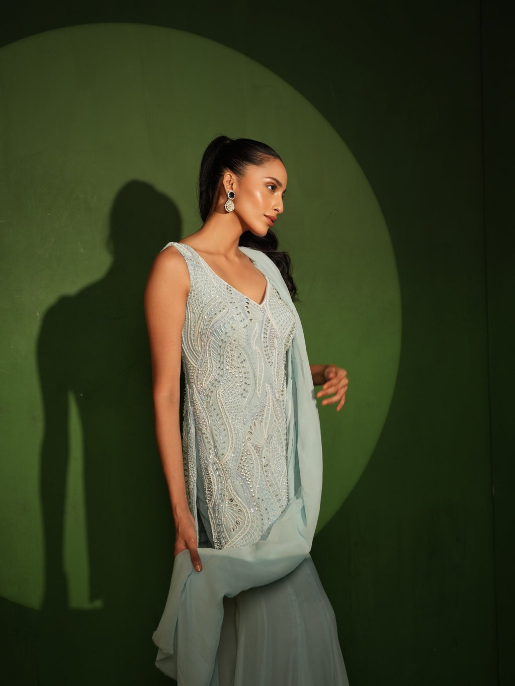 Ice Blue Georgette Hand Embroidered Sharara Set - Side View