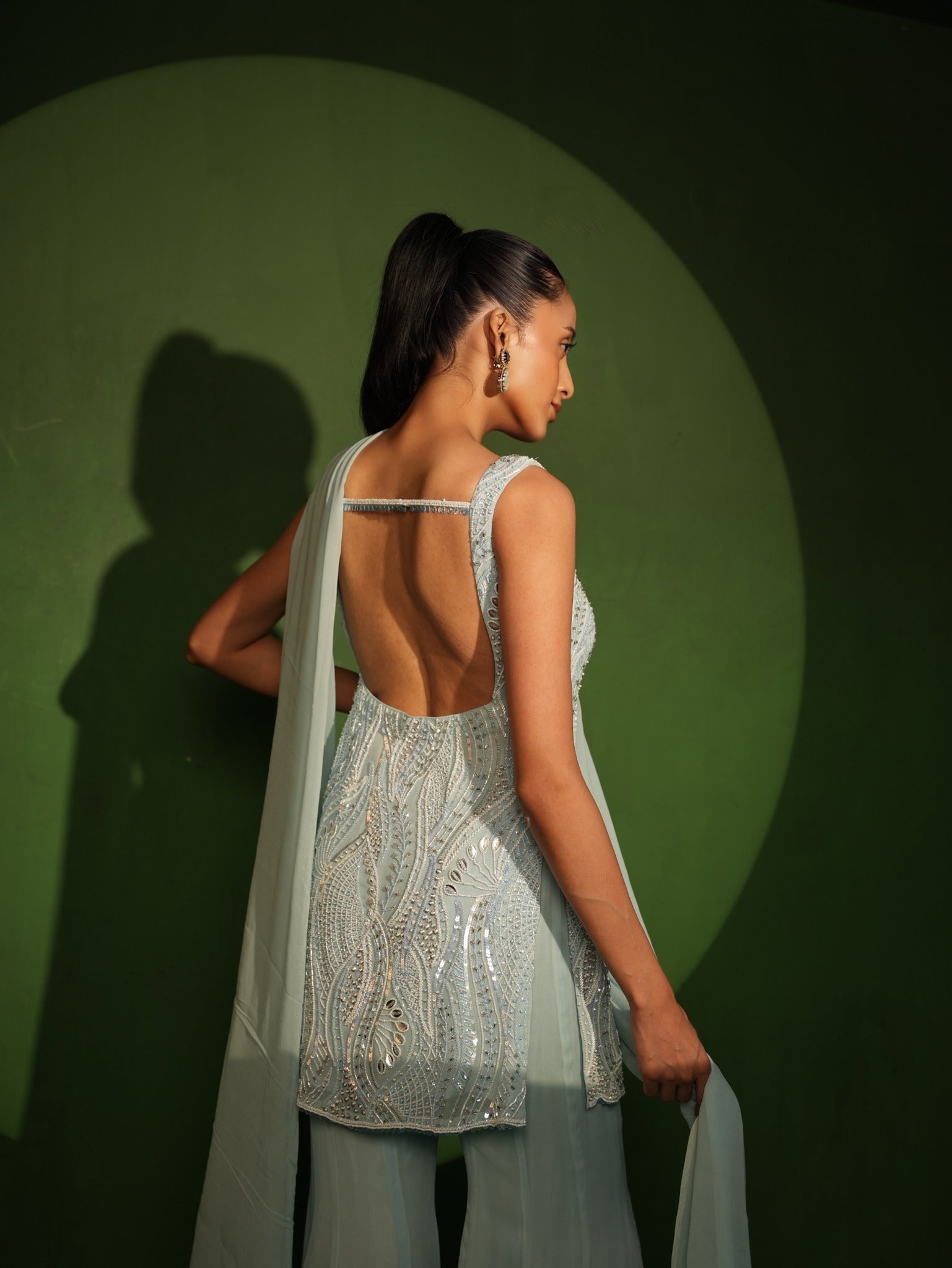 Ice Blue Georgette Hand Embroidered Sharara Set - Back View