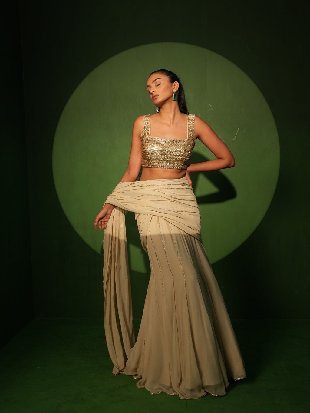 Ivory Georgette Hand Embroidered Saree draped look
