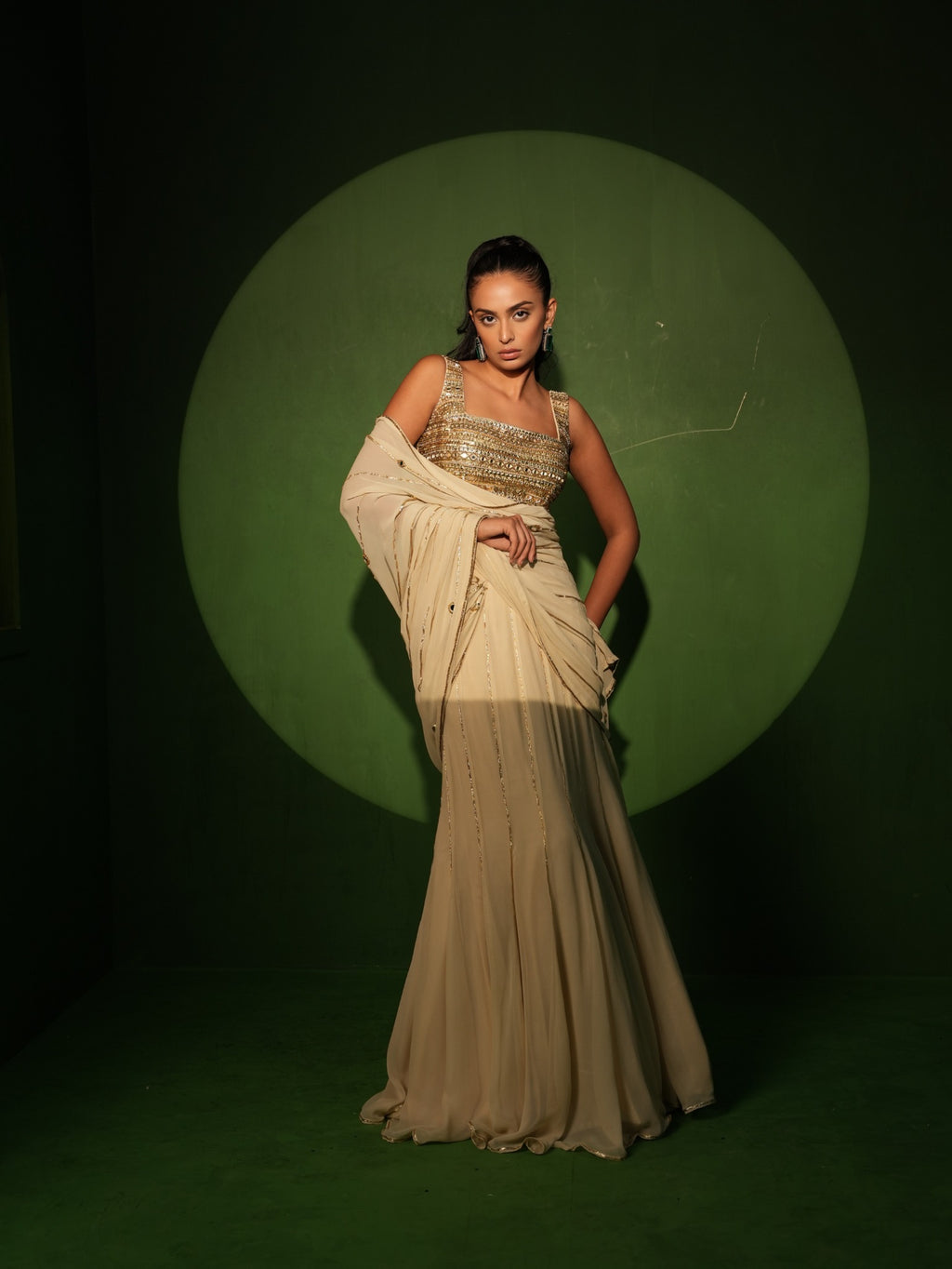 Ivory Georgette Hand Embroidered Saree full look