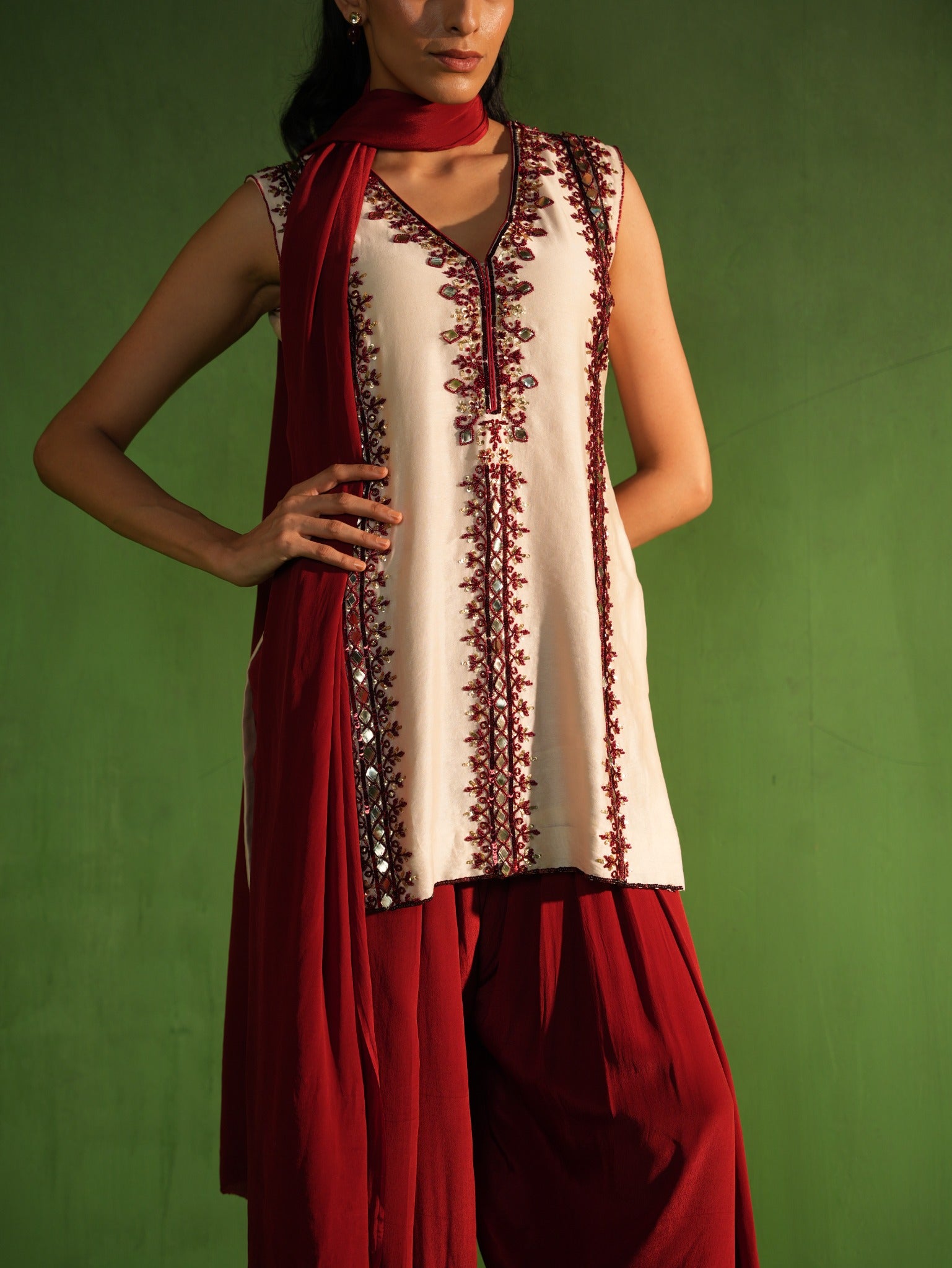 Ivory and Maroon Hand Embroidered Salwar Set