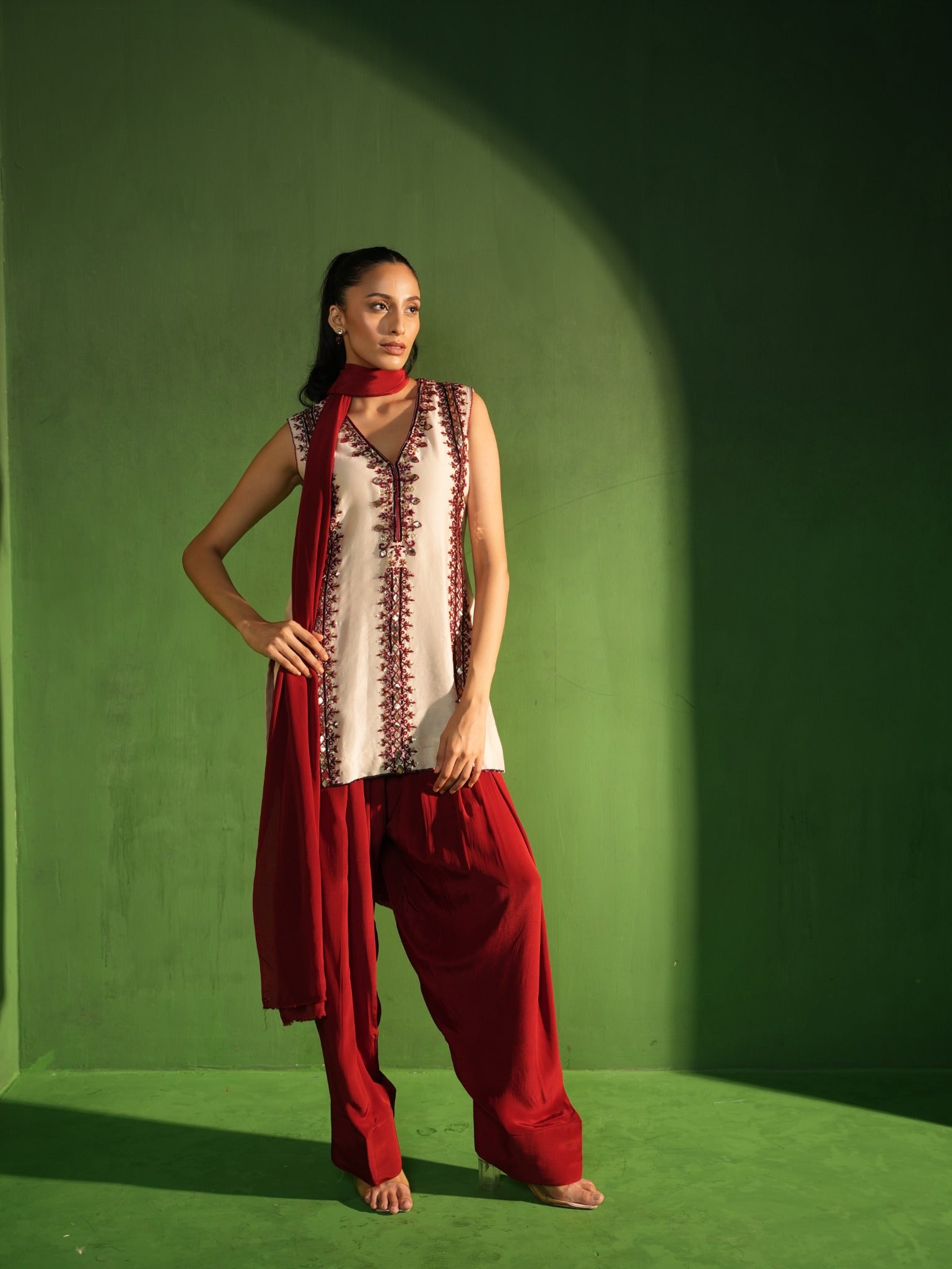 Ivory and Maroon Hand Embroidered Salwar Set - view 3
