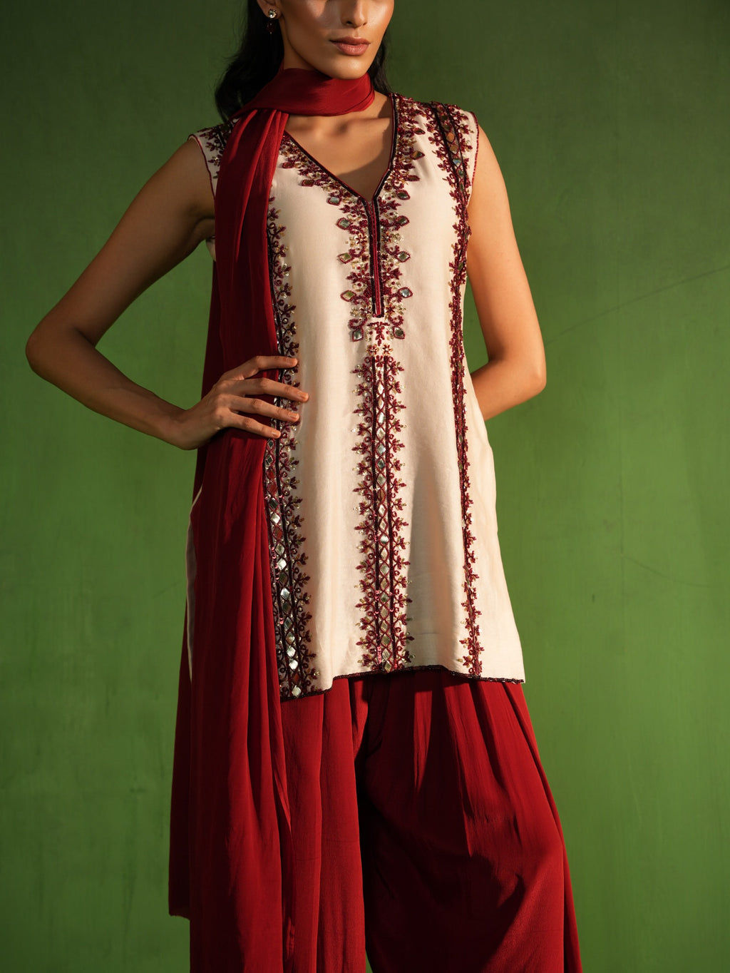 Ivory and Maroon Hand Embroidered Salwar Set - view 4