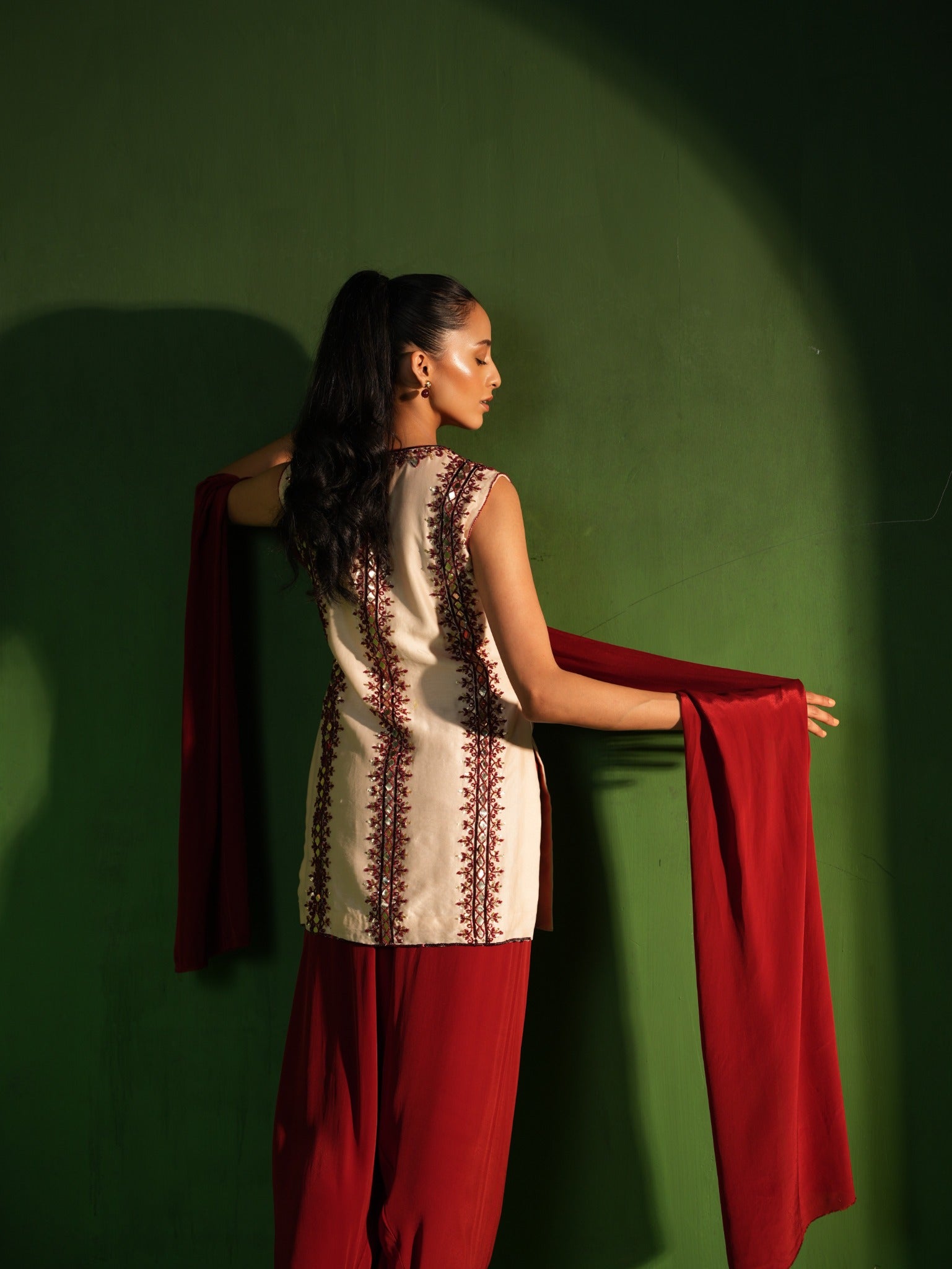Ivory and Maroon Hand Embroidered Salwar Set - view 5