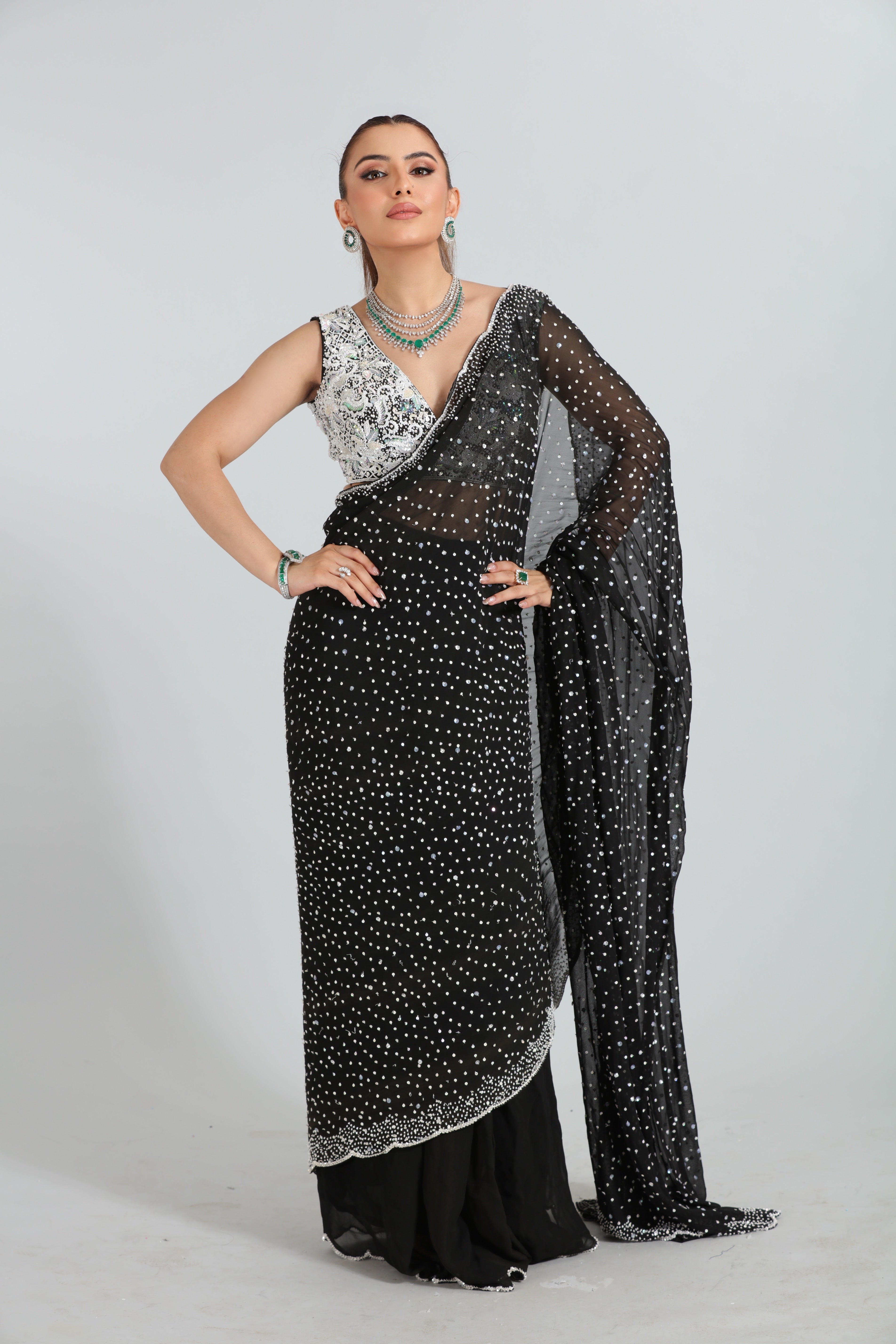 Black Embellished Saree with Embroidered Blouse