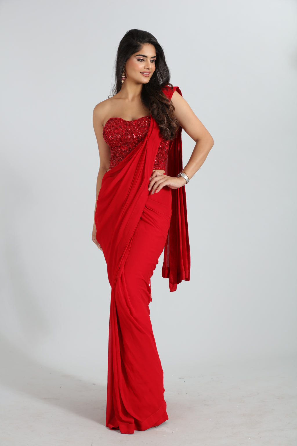 Red Draped Saree with Embroidered Corset