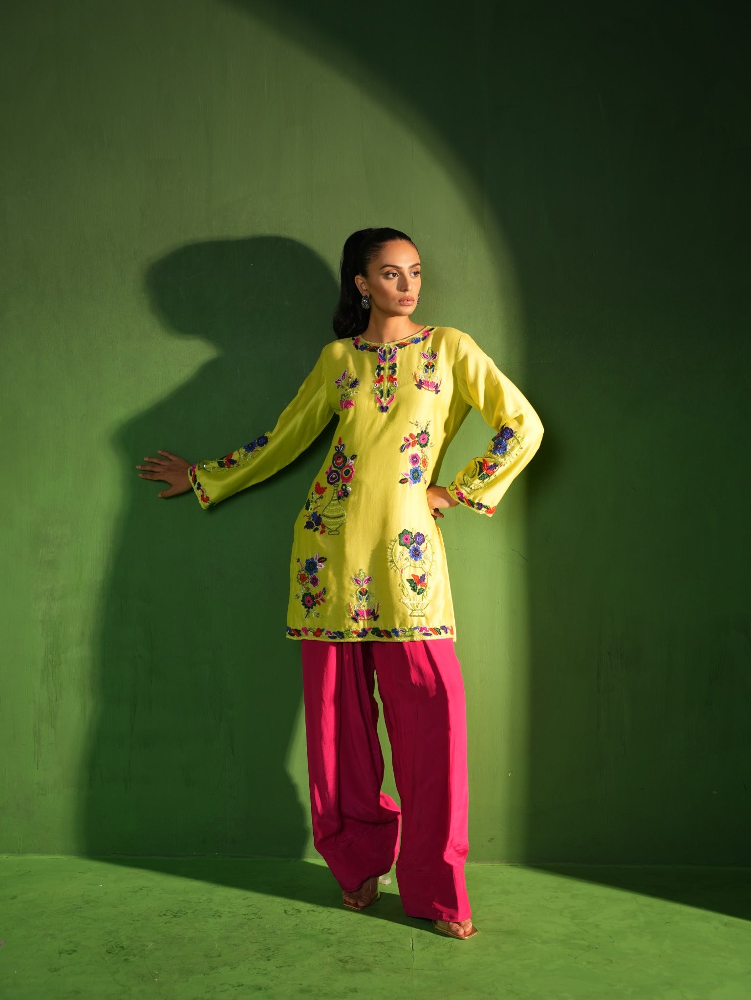 Lime Green and Fuchsia Hand Embroidered Salwar Set