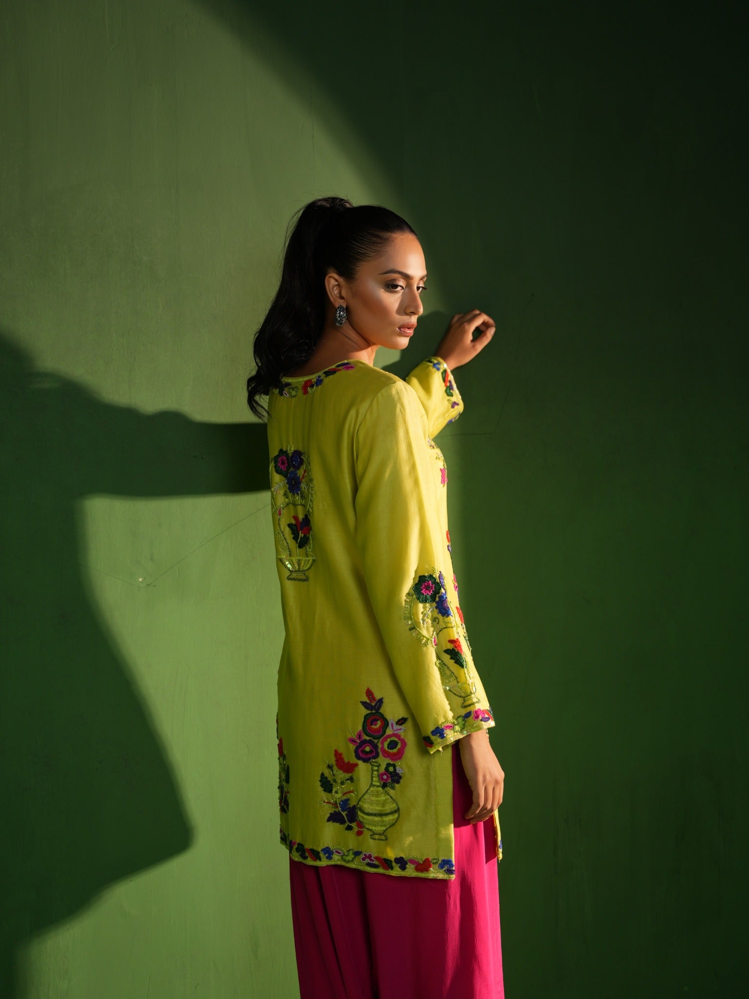 Lime Green and Fuchsia Hand Embroidered Salwar Set - view 2