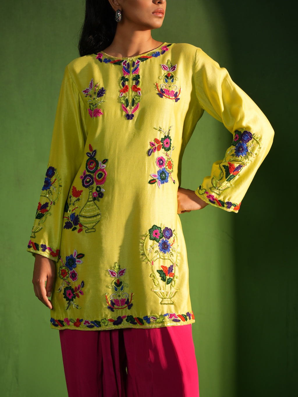 Lime Green and Fuchsia Hand Embroidered Salwar Set - view 3