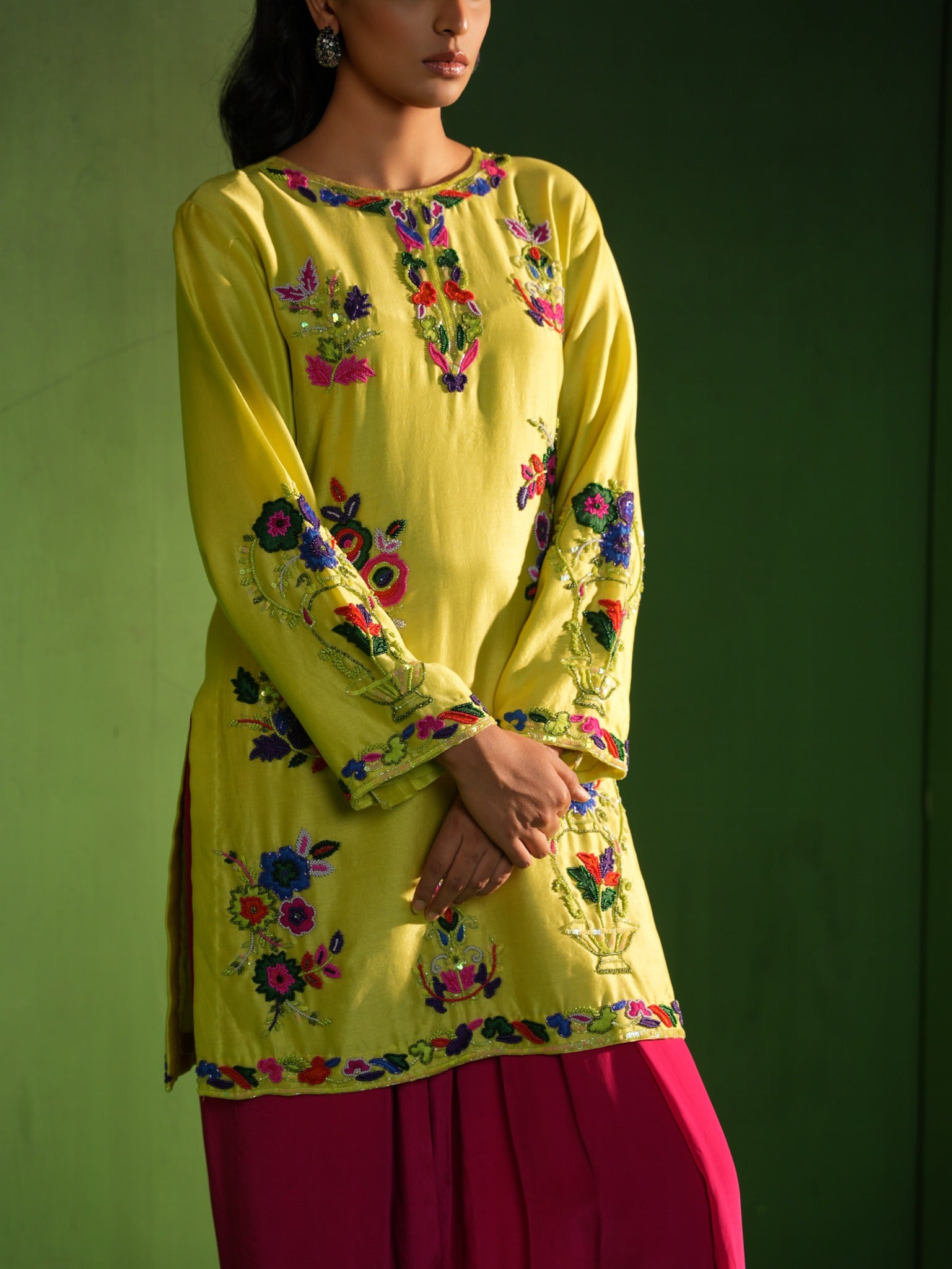 Lime Green and Fuchsia Hand Embroidered Salwar Set - view 4