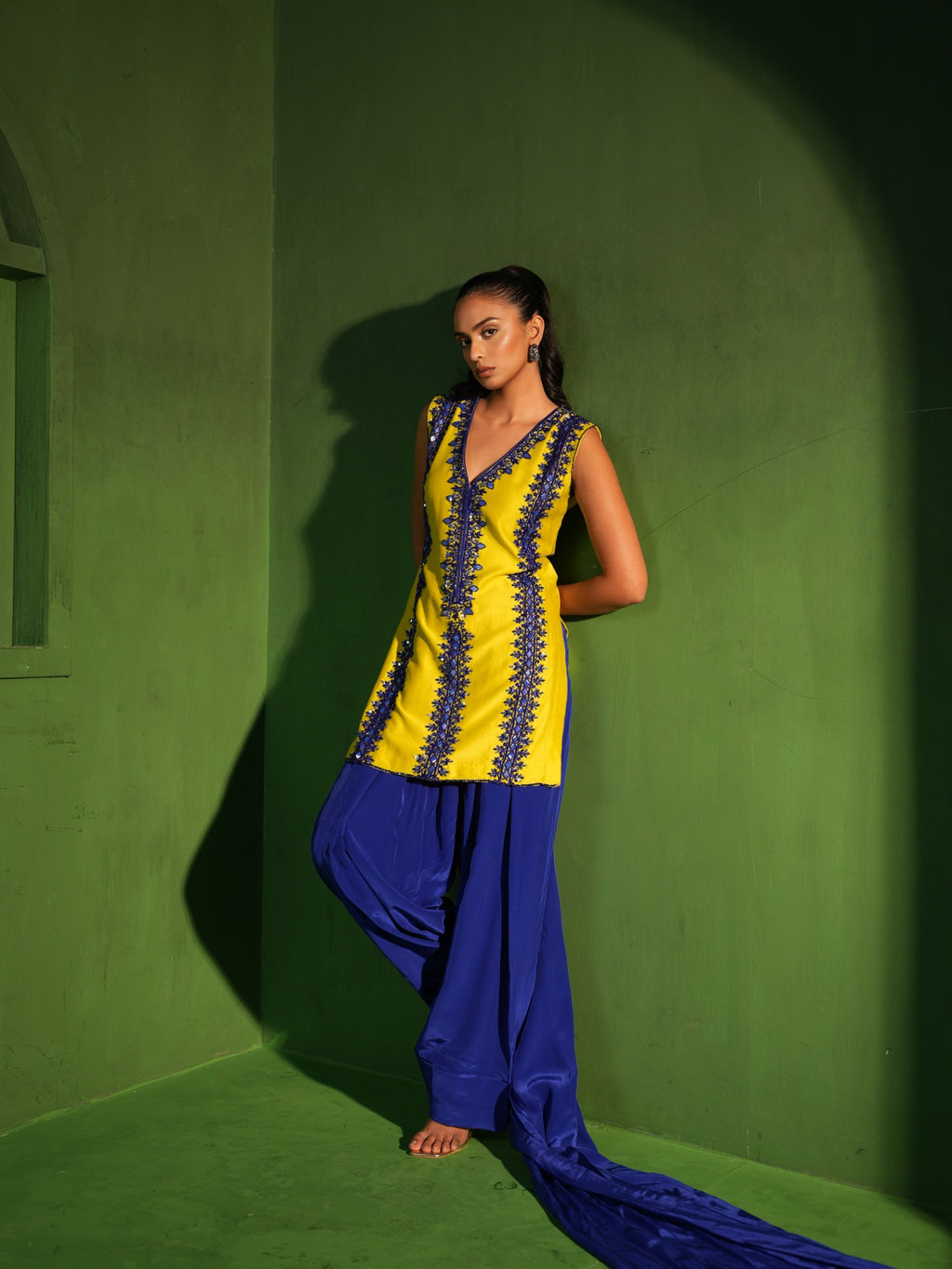 Lime Green and Royal Blue Hand Embroidered Salwar Set