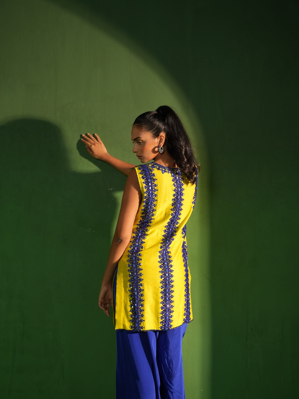 Lime Green and Royal Blue Hand Embroidered Salwar Set - view 2