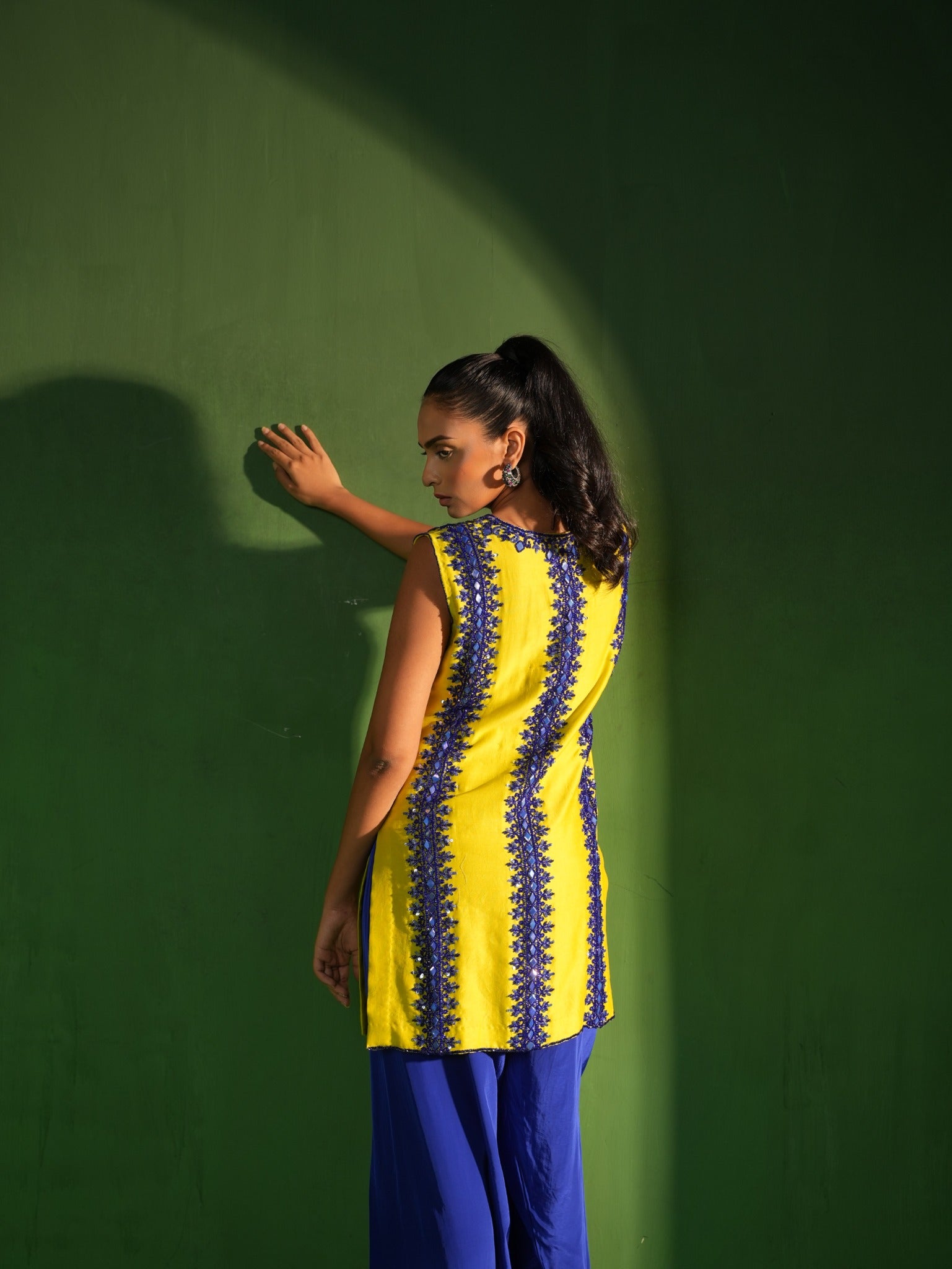 Lime Green and Royal Blue Hand Embroidered Salwar Set - view 2