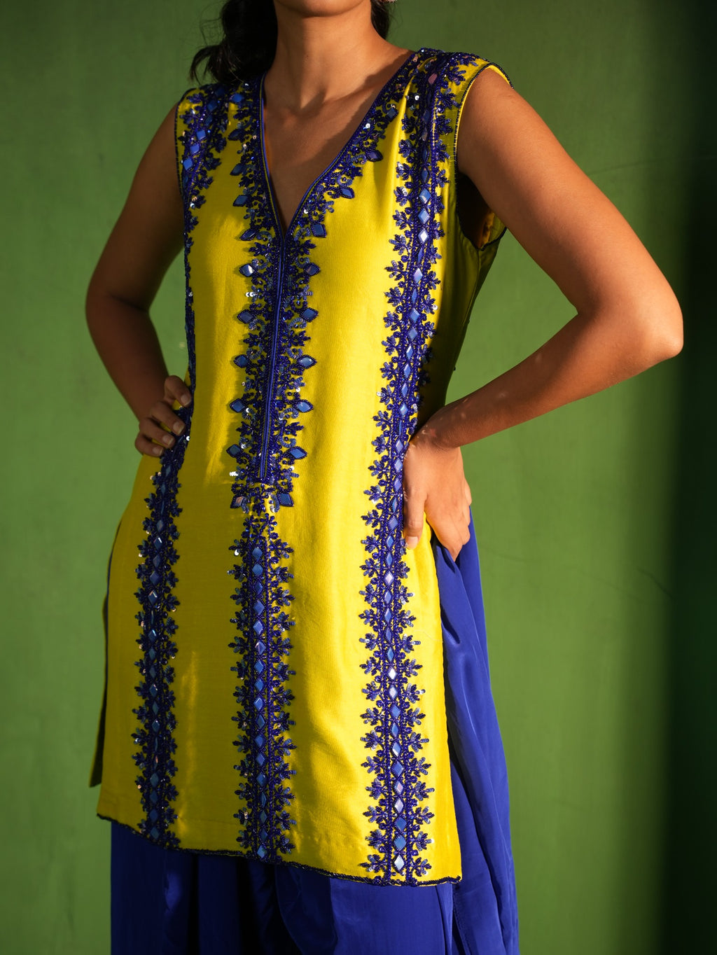 Lime Green and Royal Blue Hand Embroidered Salwar Set - view 3