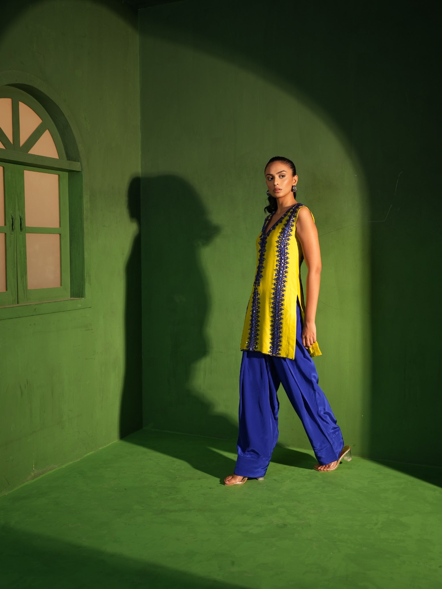 Lime Green and Royal Blue Hand Embroidered Salwar Set - view 4