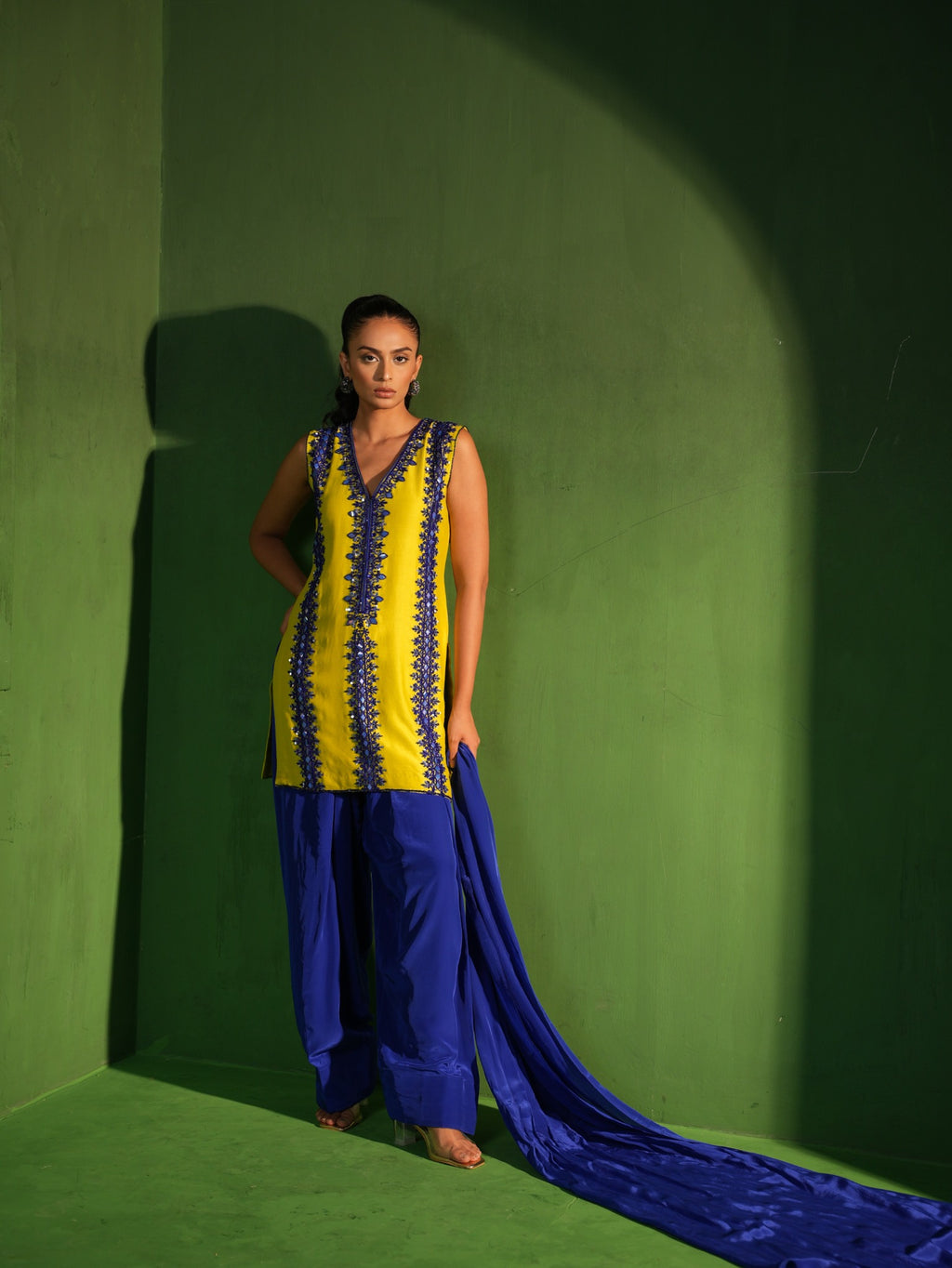 Lime Green and Royal Blue Hand Embroidered Salwar Set - view 5