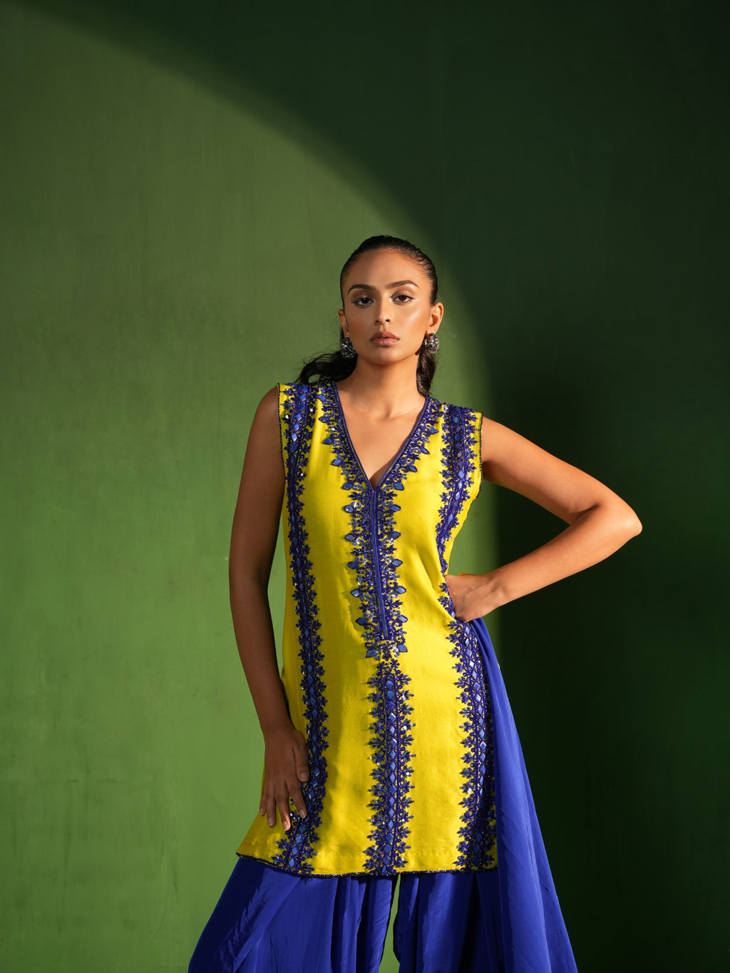 Lime Green and Royal Blue Hand Embroidered Salwar Set - view 6