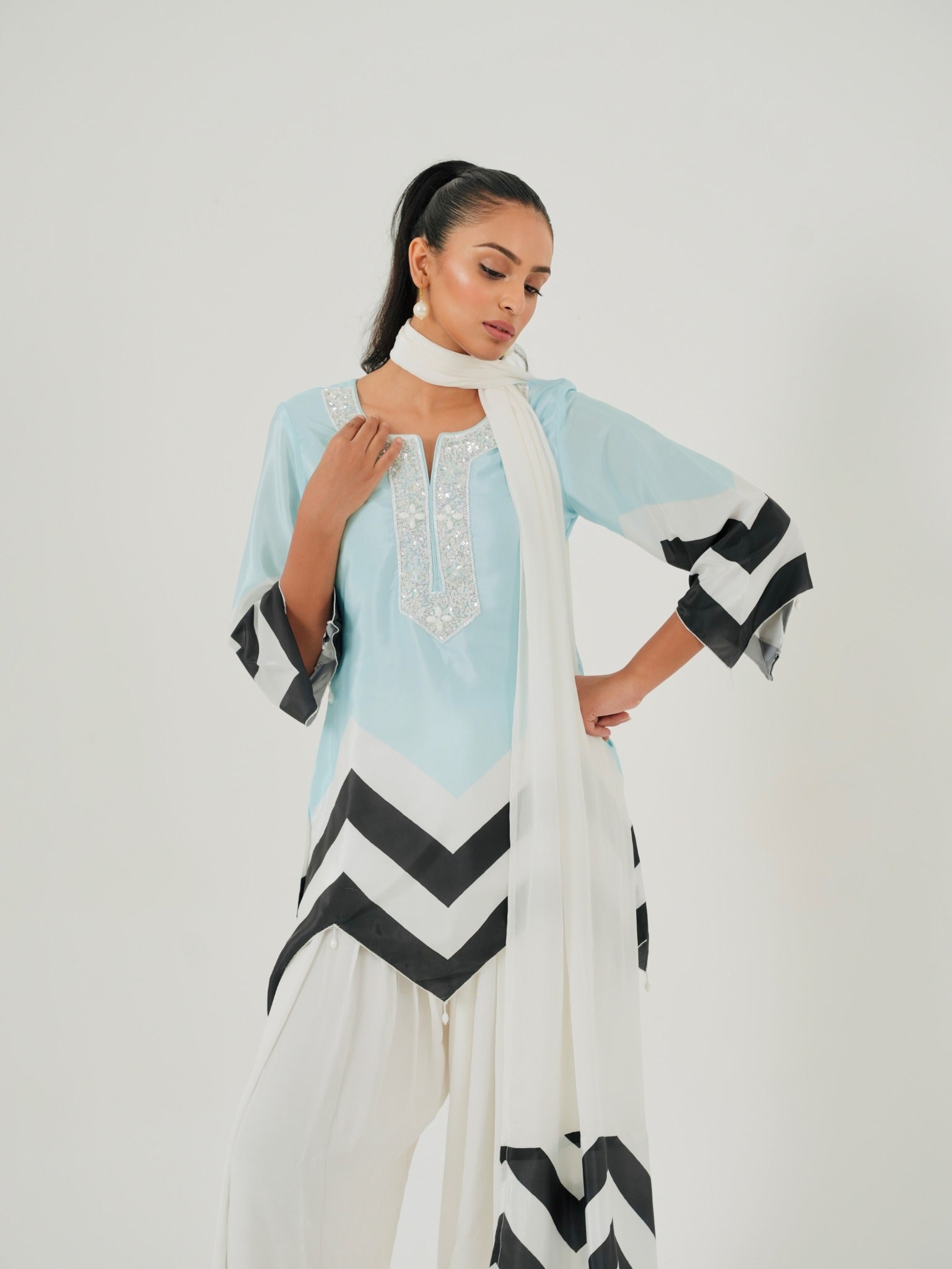 Mint Blue Chevron kurta with white Farshi salwar